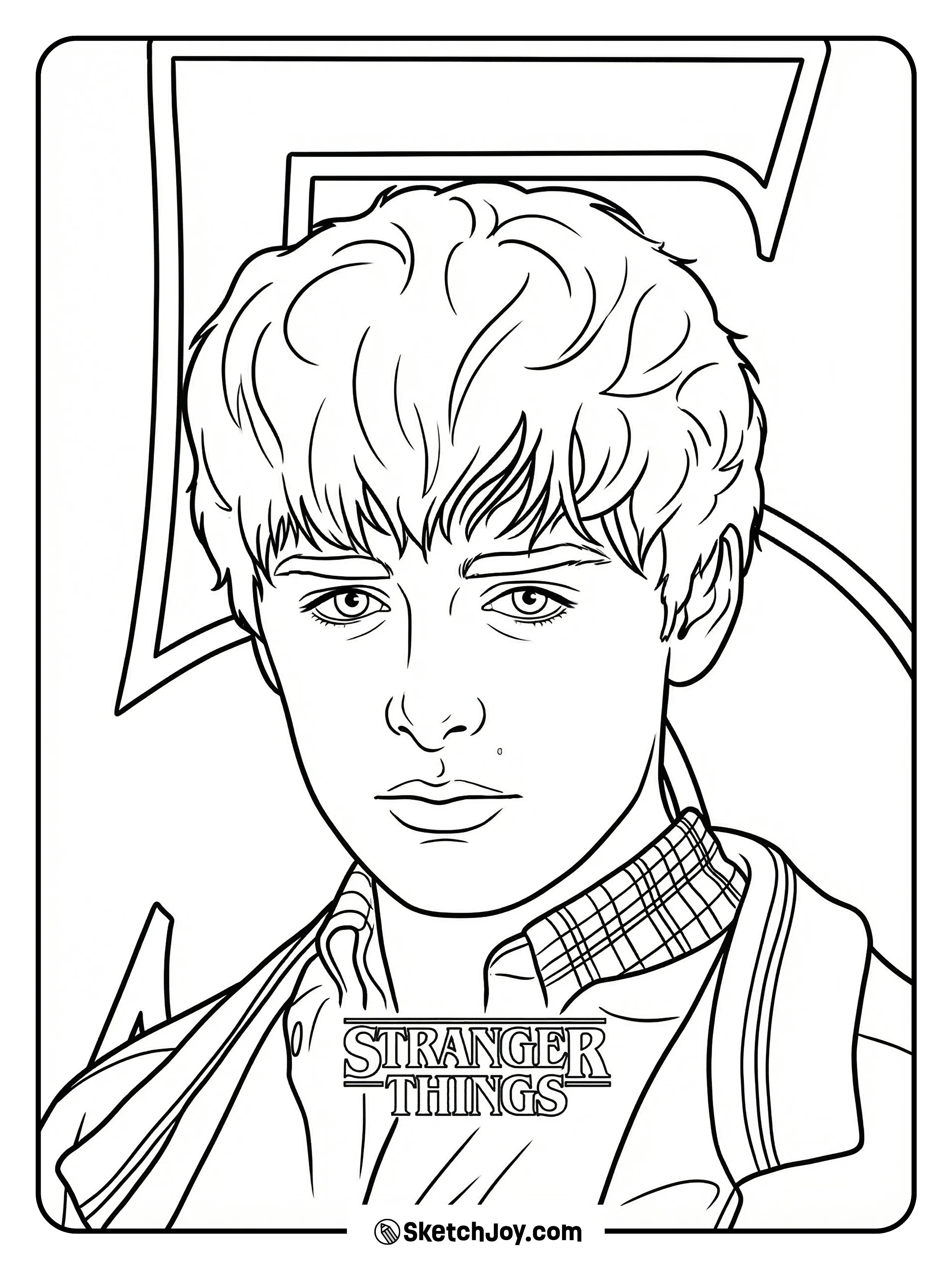 A close-up of Will Byers in Season 5 shows his serious face and layered shirt .