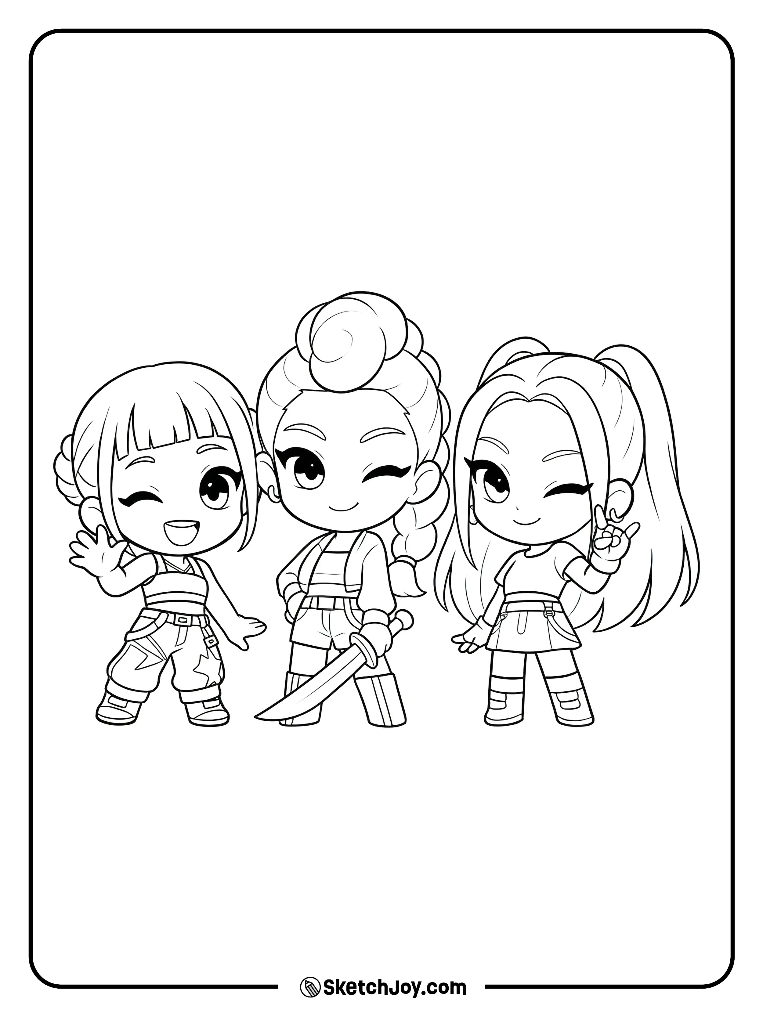 Zoey waves, Rumi holds a sword, and Mira flashes a peace sign.