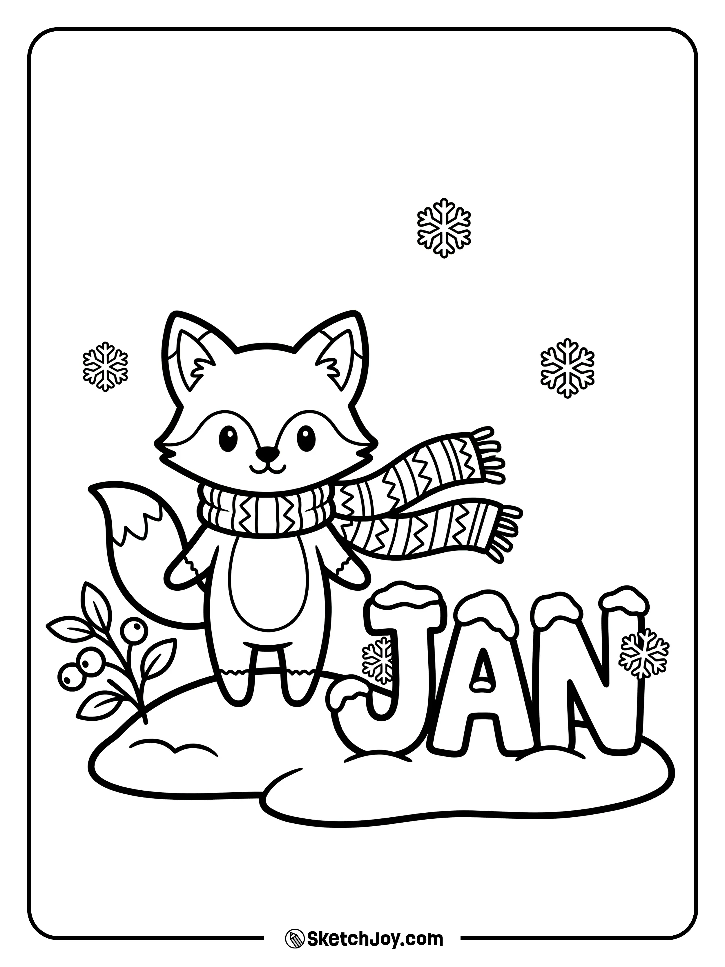 A fox poses beside snowy JAN letters in a quiet field.