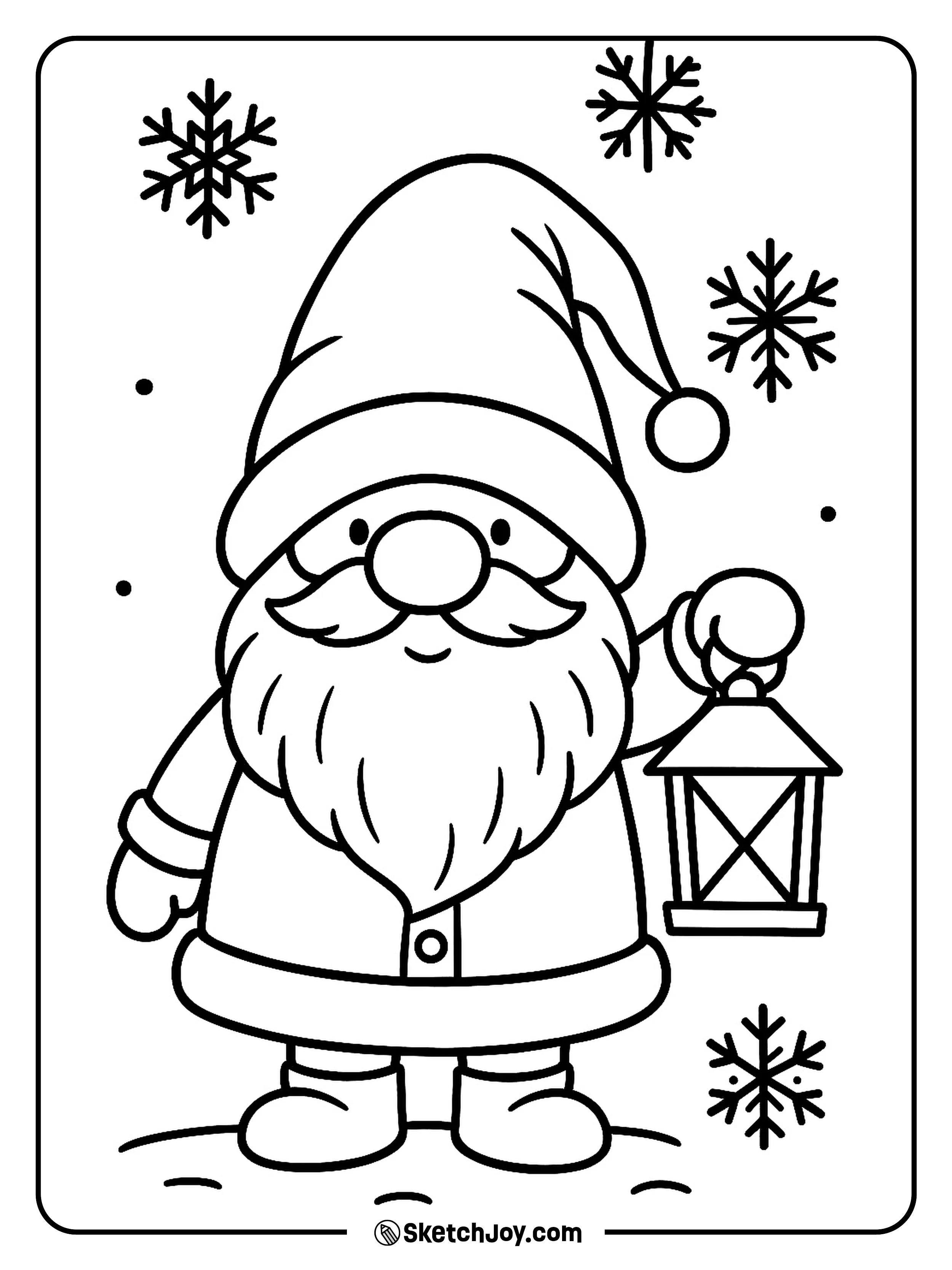 A gnome holds a lantern and smiles under a tall hat.
