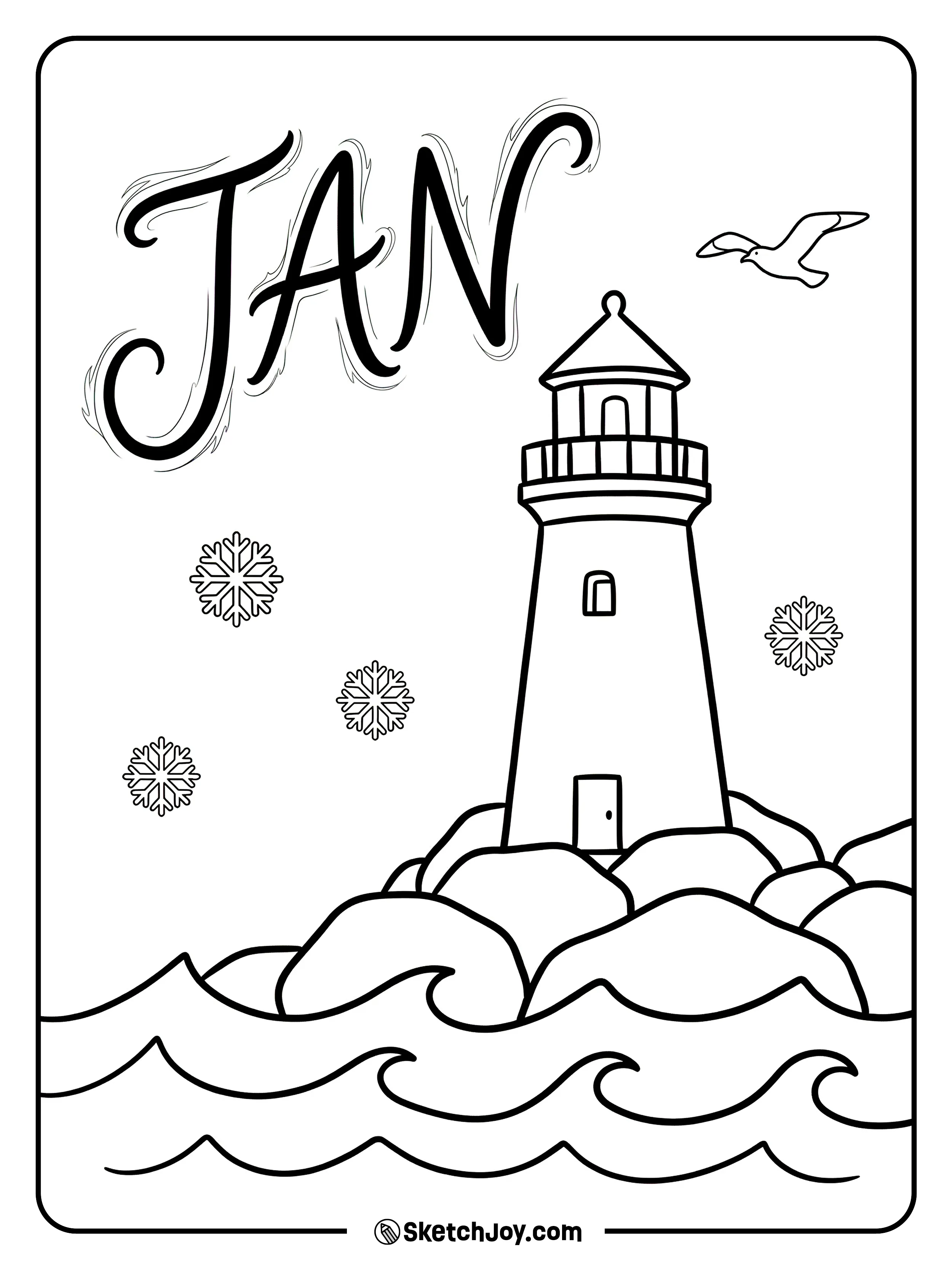 A lighthouse scene features windy JAN letters in the sky.