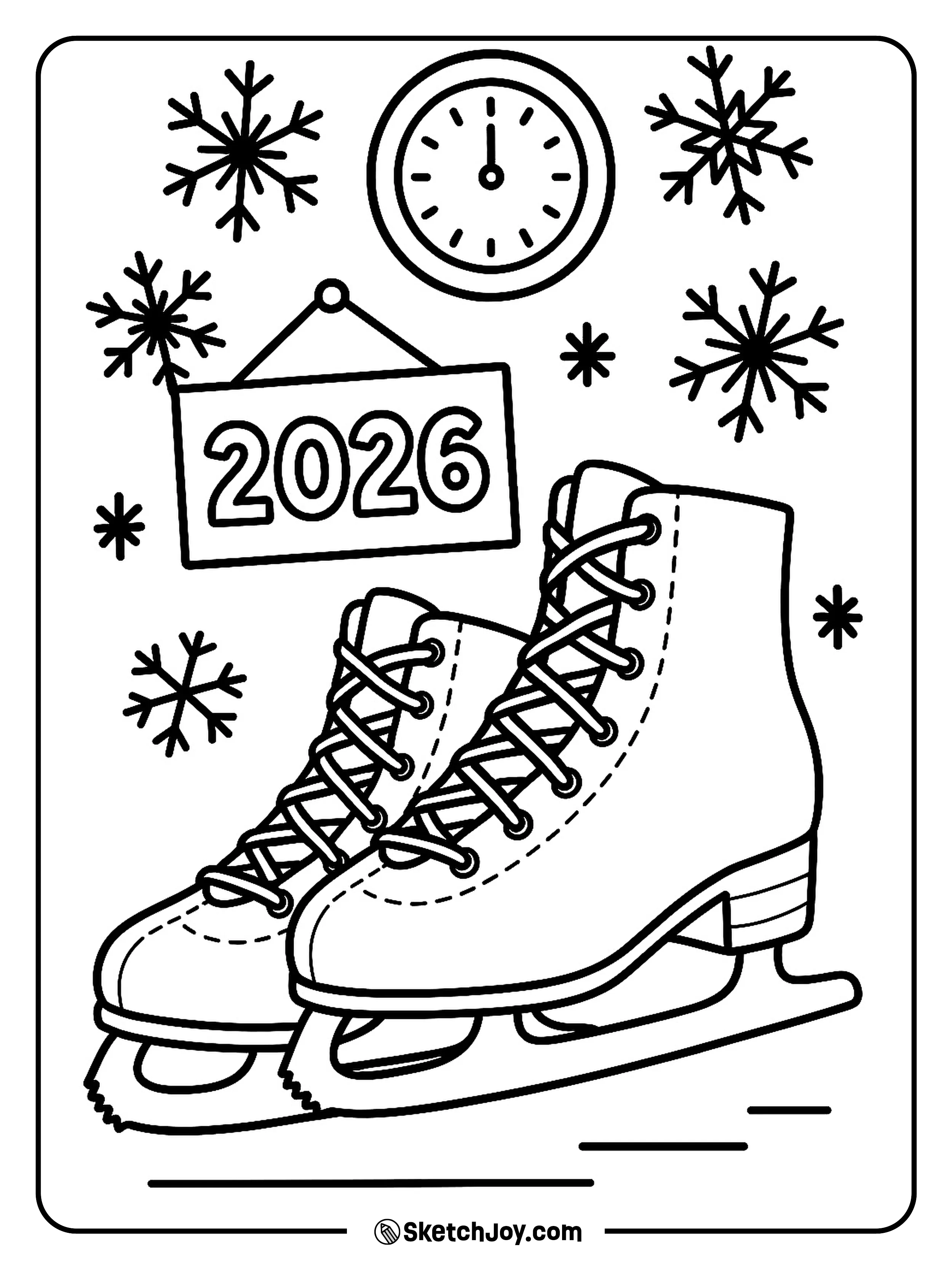 Ice skates sit under a 2026 sign after a skate party.