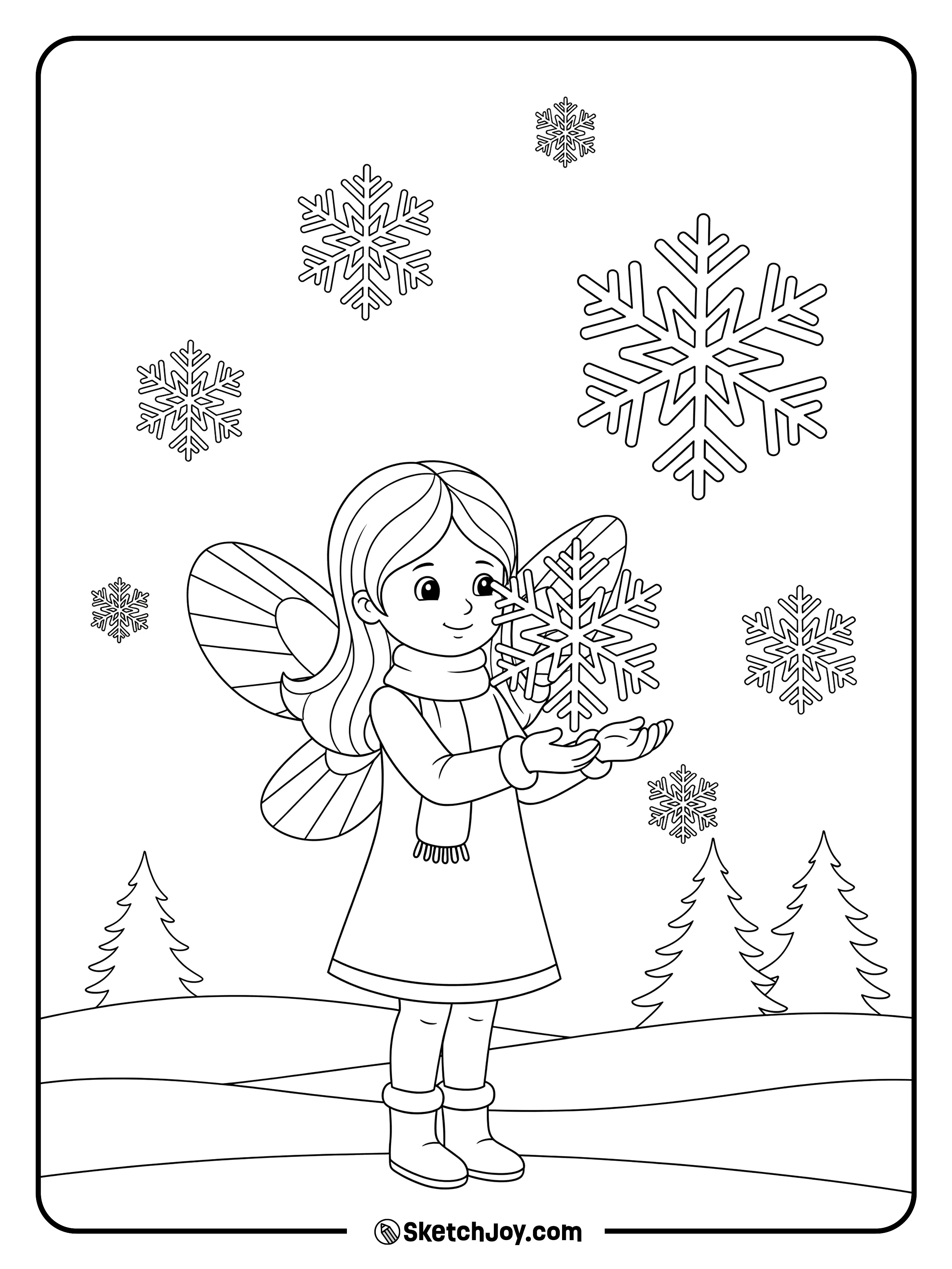 A winter fairy stands in a scarf with snowflakes falling softly around.