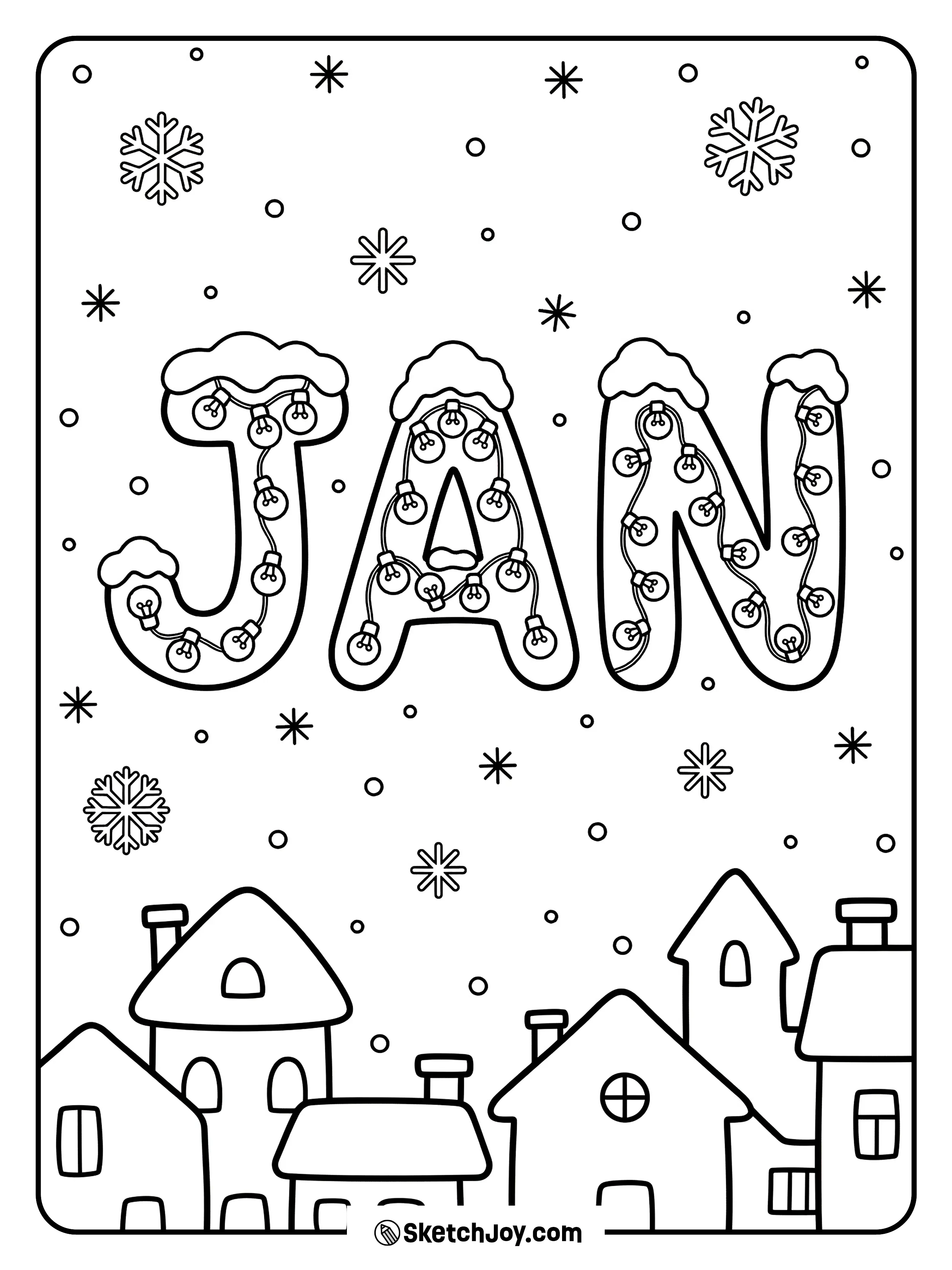 A small town sits under JAN letters that look like snowy lights.