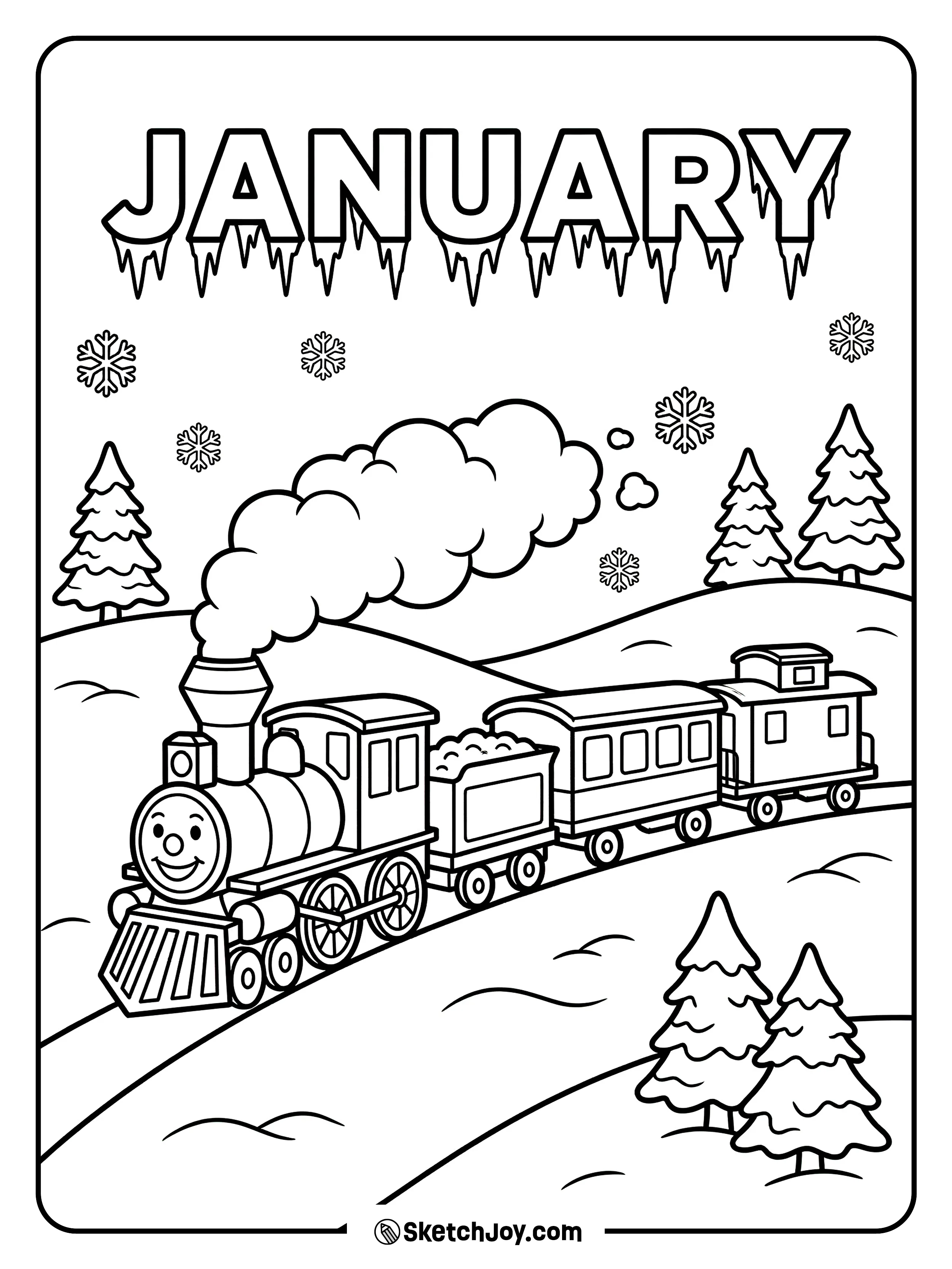 A train rolls through snowy hills under icicle JANUARY letters.