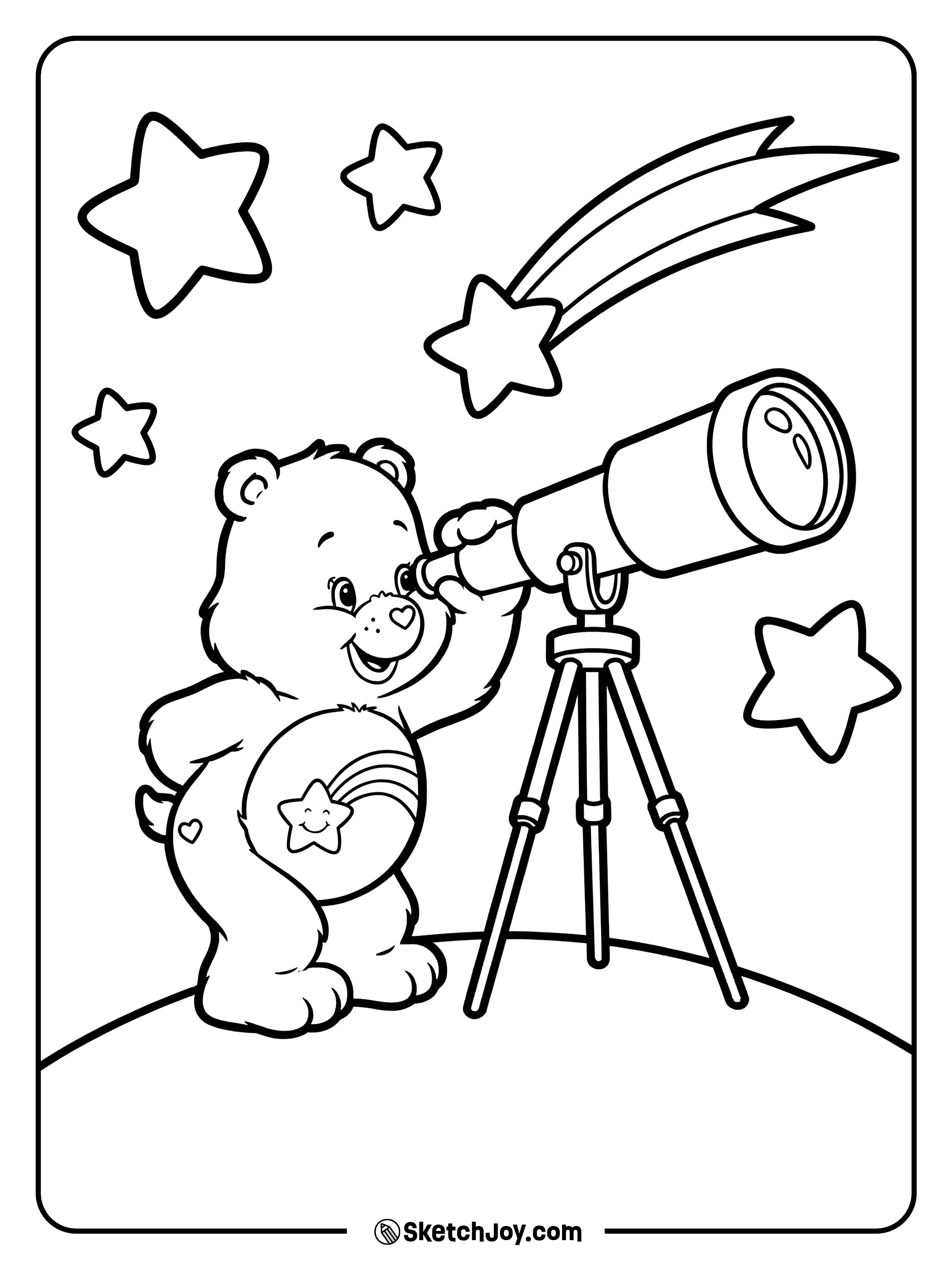 Wish Bear looks through a telescope at a bright shooting star.