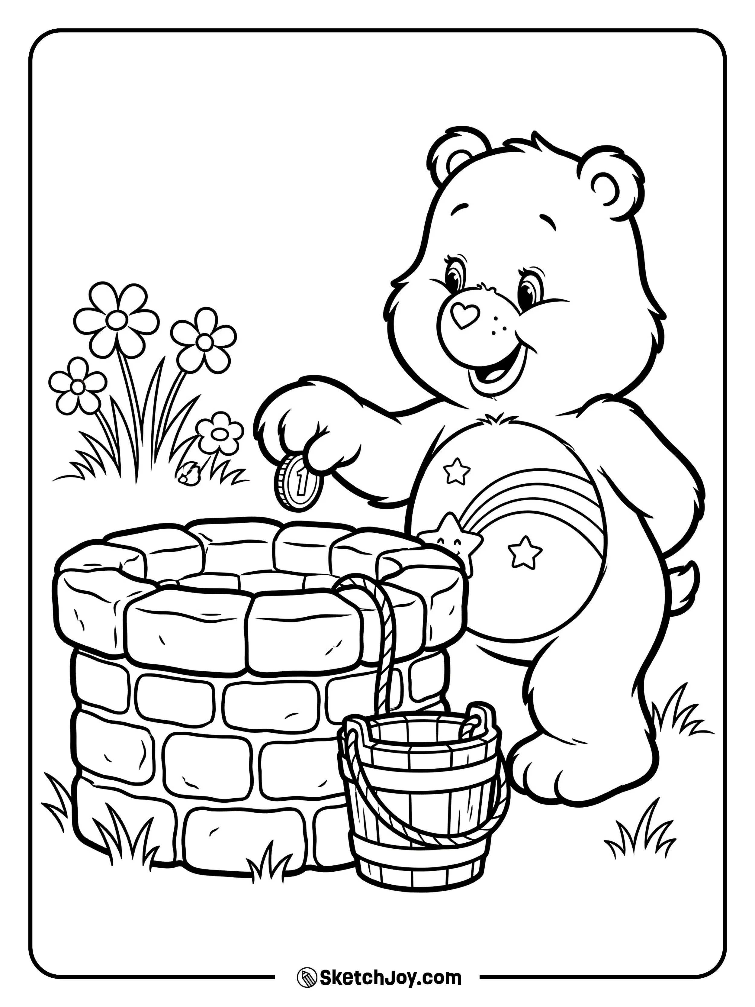Wish Bear drops a coin into a small wishing well.