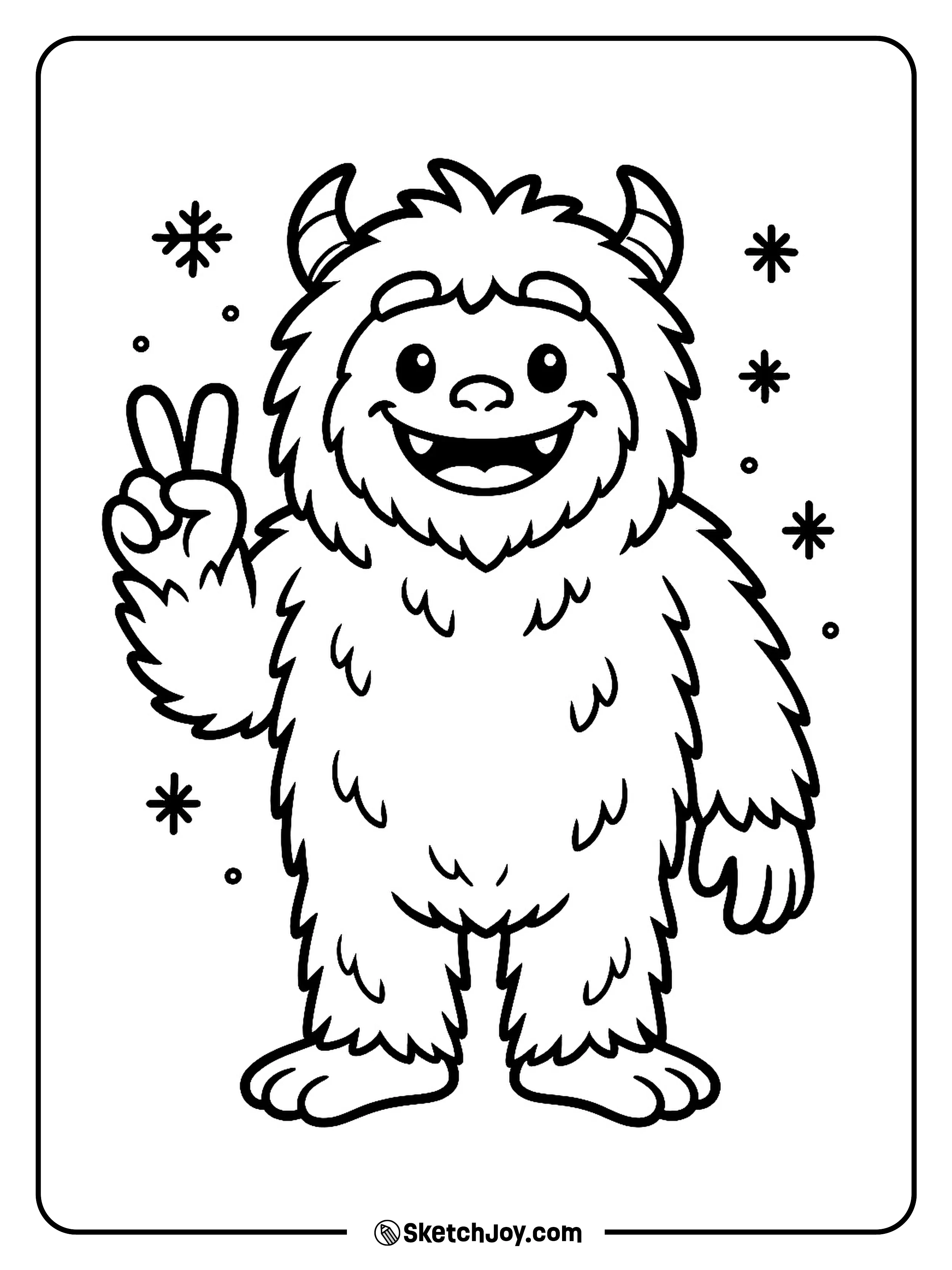 A fluffy yeti grins and holds up a peace sign.