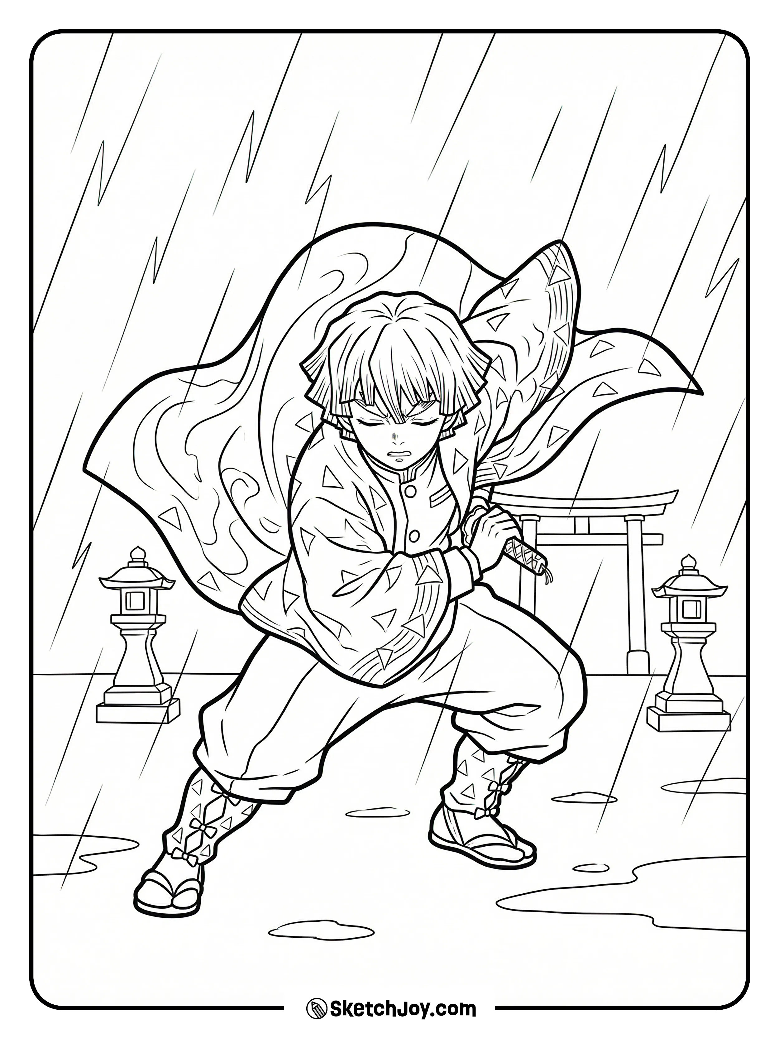 Zenitsu bends low in his thunder stance as light rain falls around a simple shrine yard.