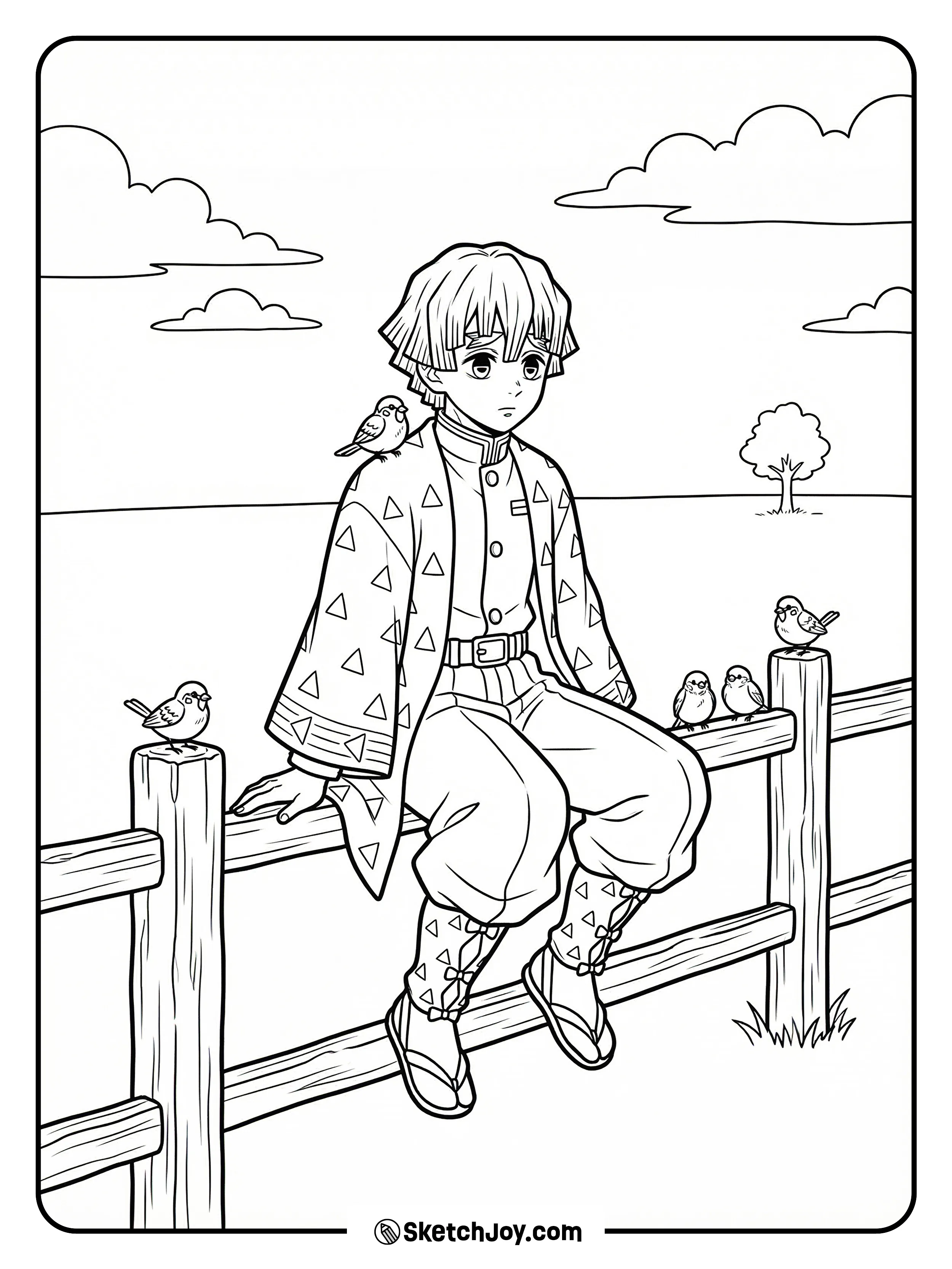 Zenitsu sits on a simple fence while his little sparrow friends sit around him.