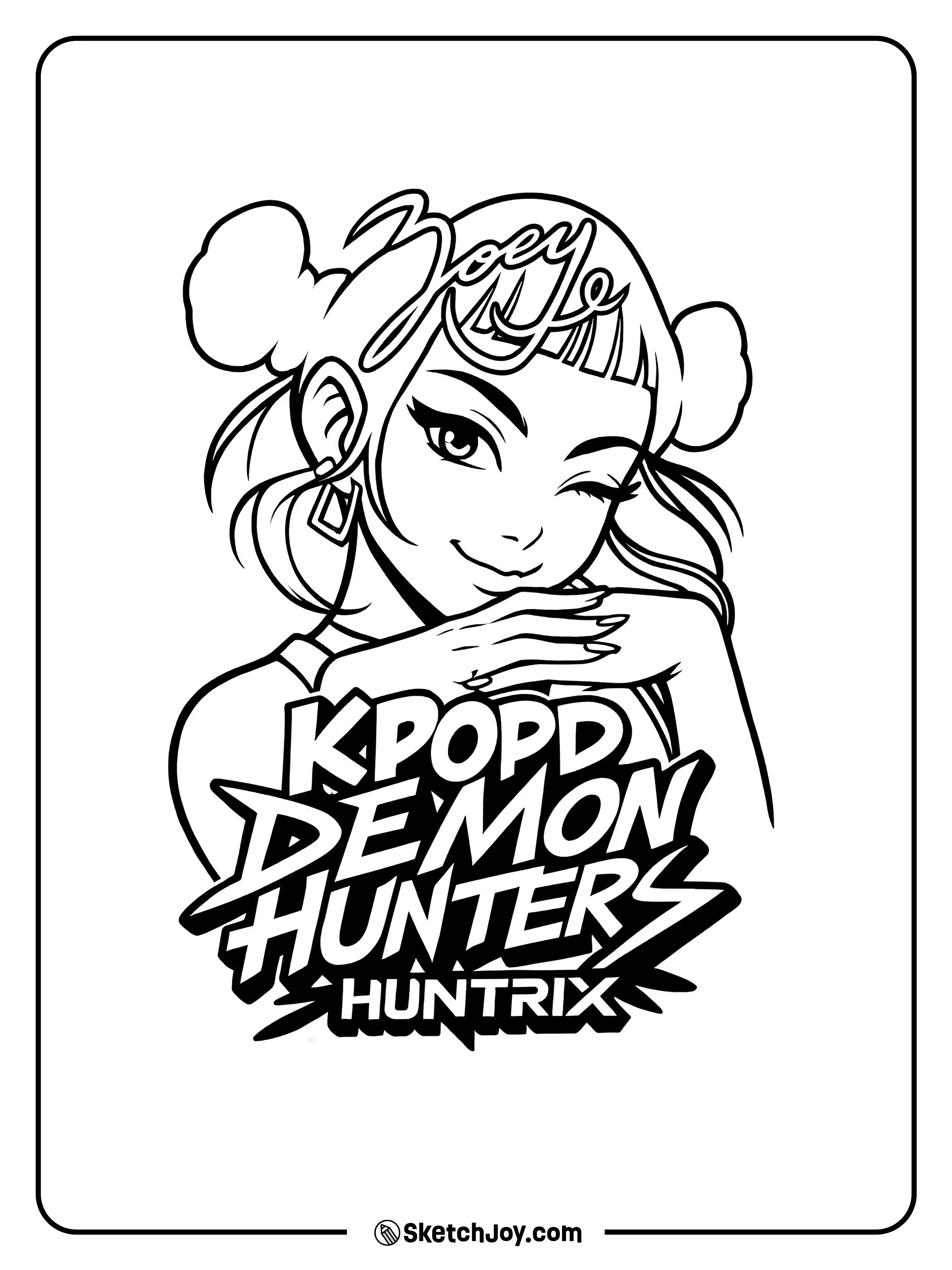 Zoey winks and smiles above the KPop Demon Hunters HUNTRIX logo.