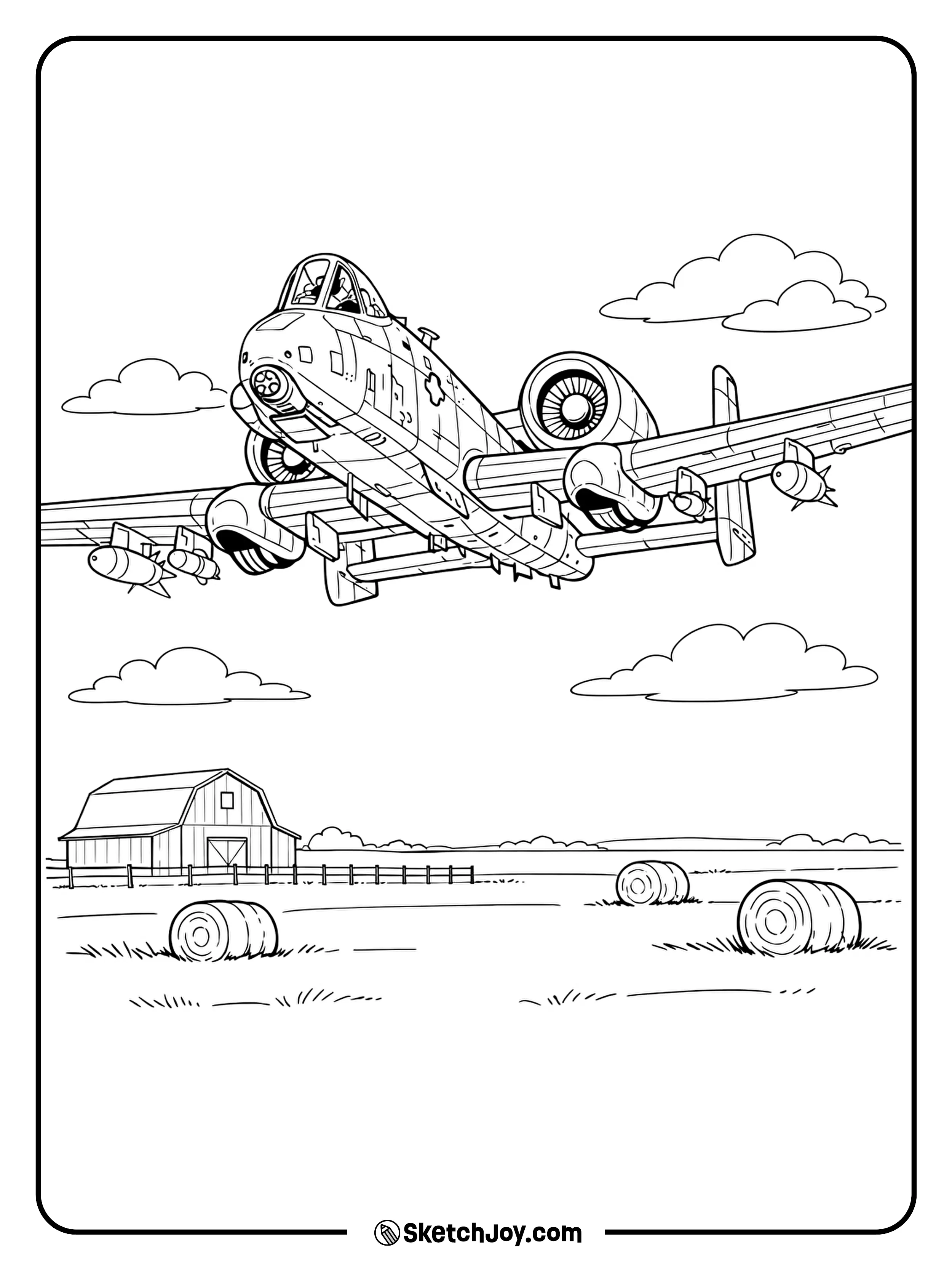 An A-10 flies low above a field with simple farm shapes below.