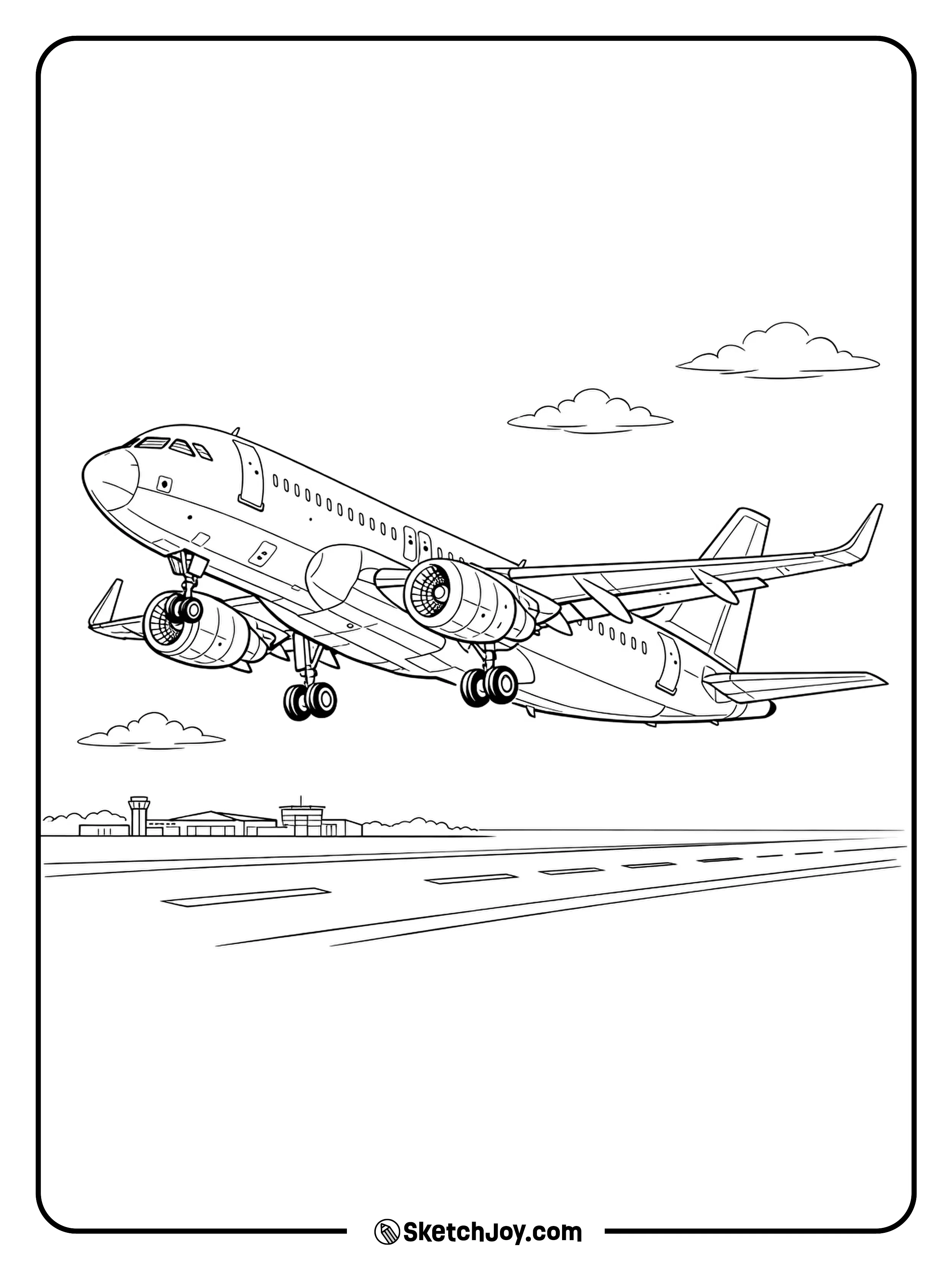 An A320 lifts off with runway lines and clouds behind it.