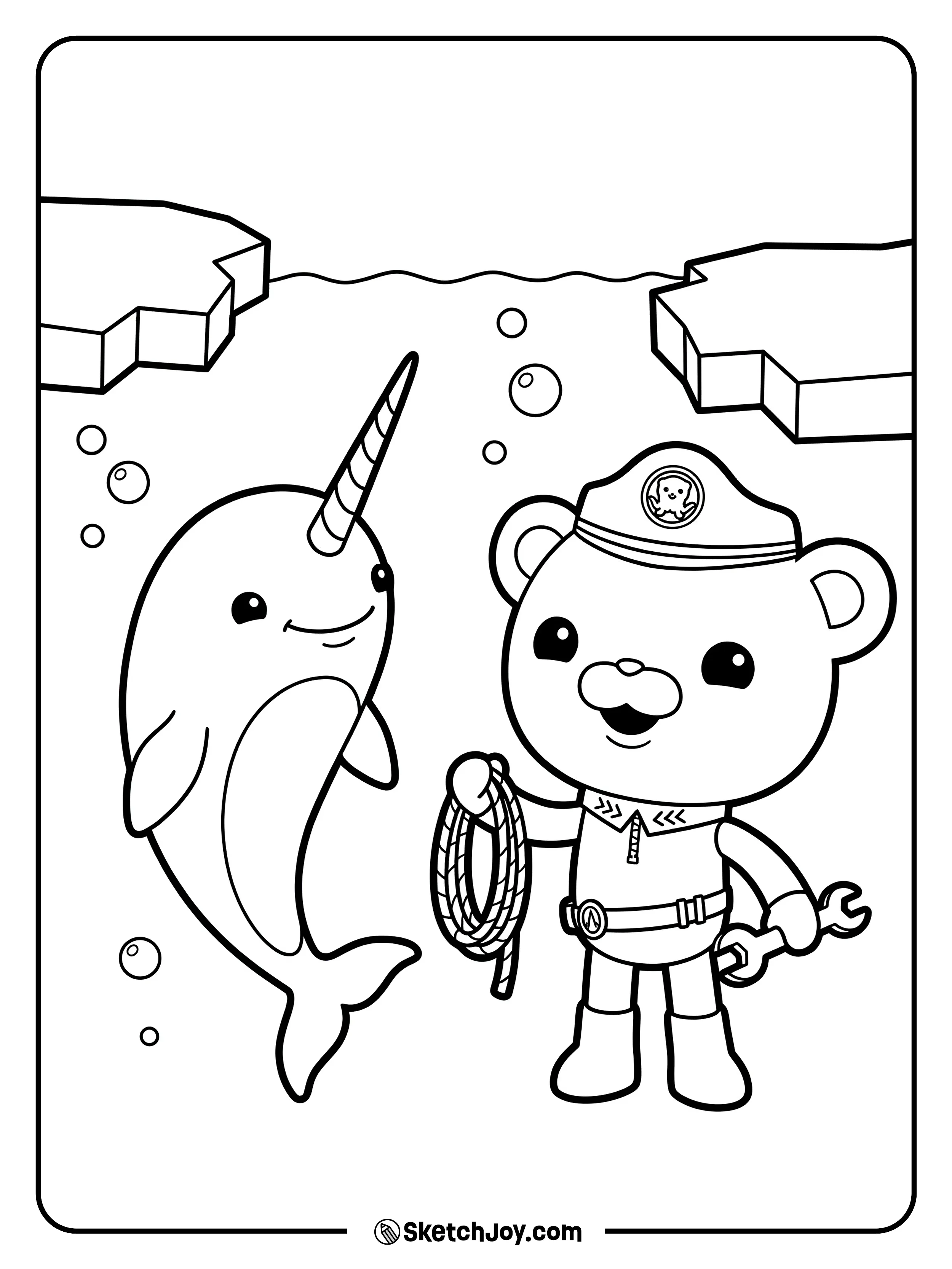 Captain Barnacles helps a narwhal near simple ice pieces.