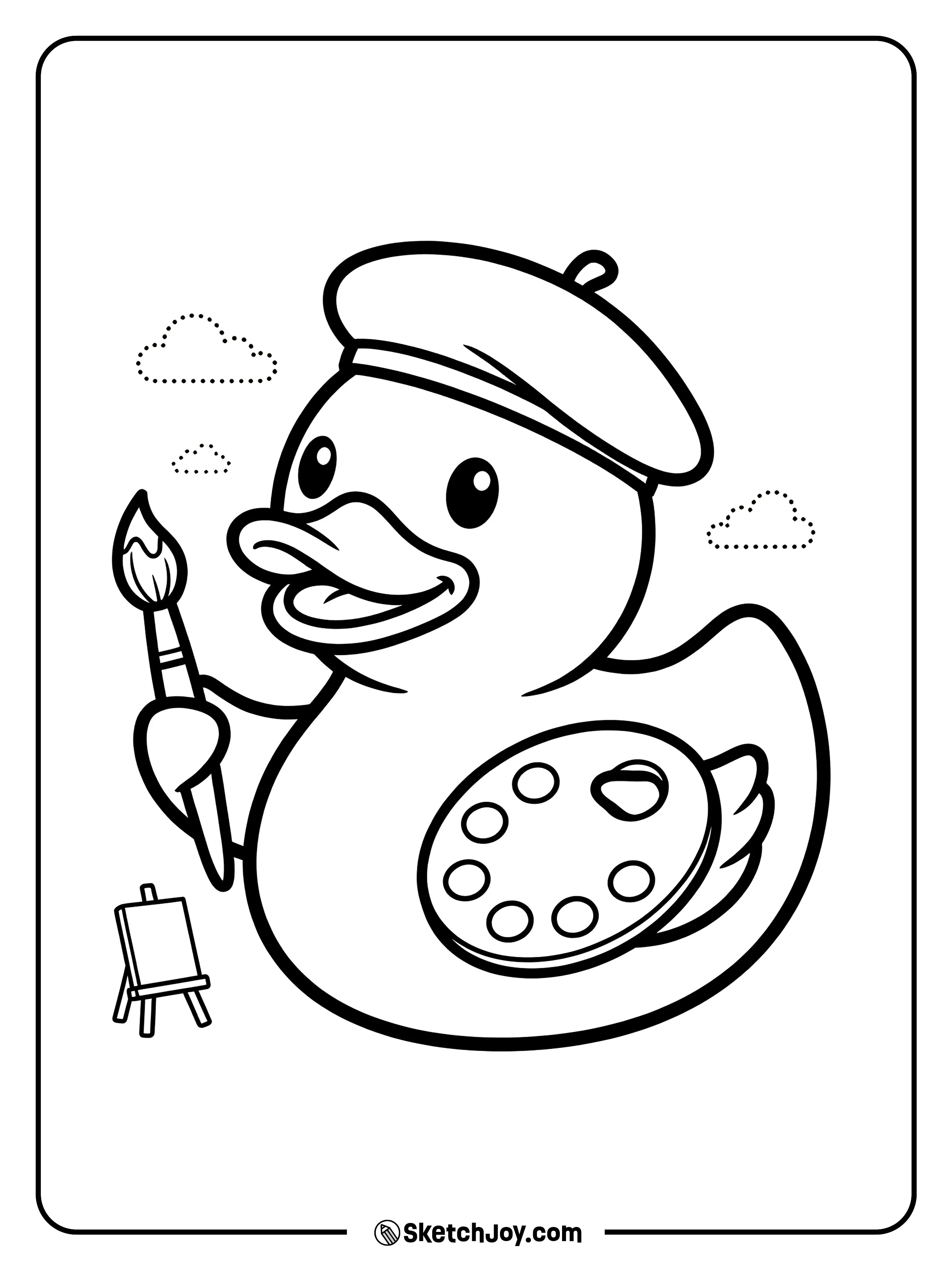 A creative rubber duck holding a paintbrush and palette.