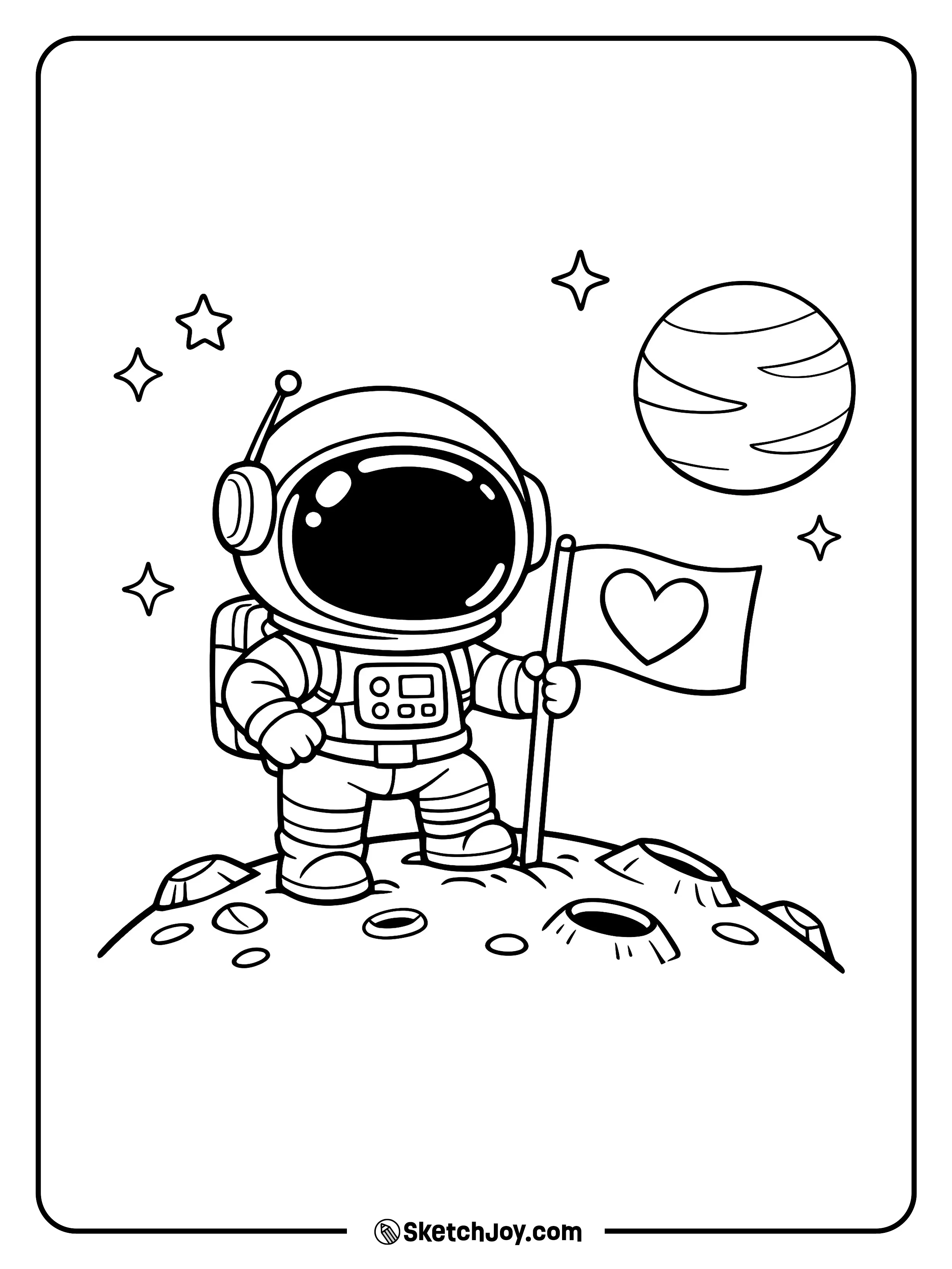 An astronaut plants a heart flag on a tiny moon.