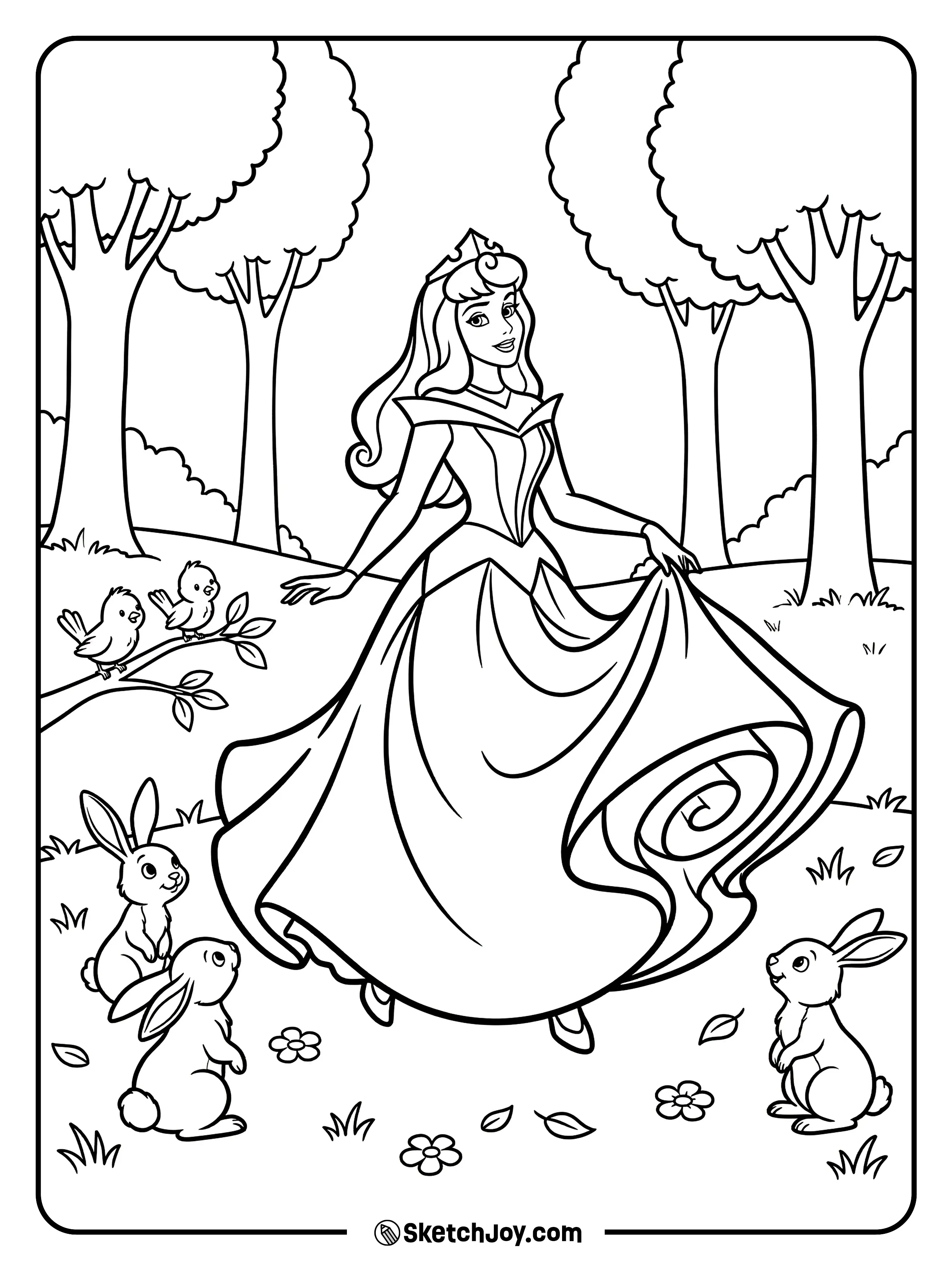 Aurora twirls as rabbits and birds watch her dance.