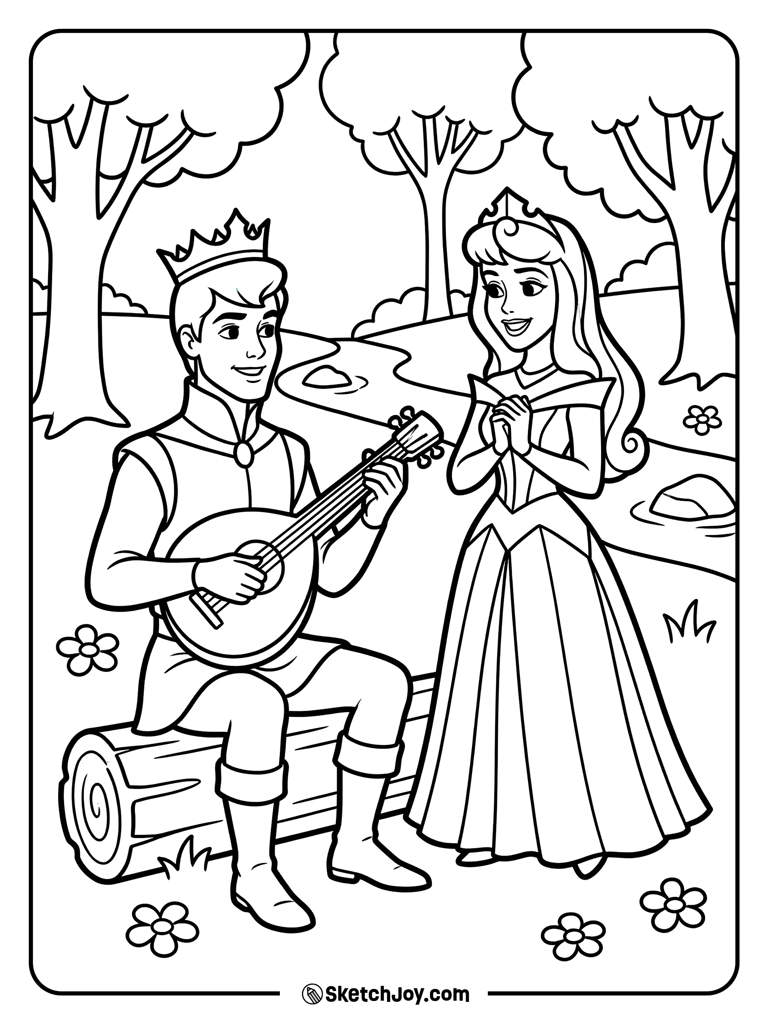 Phillip plays music while Aurora listens with a sweet smile.