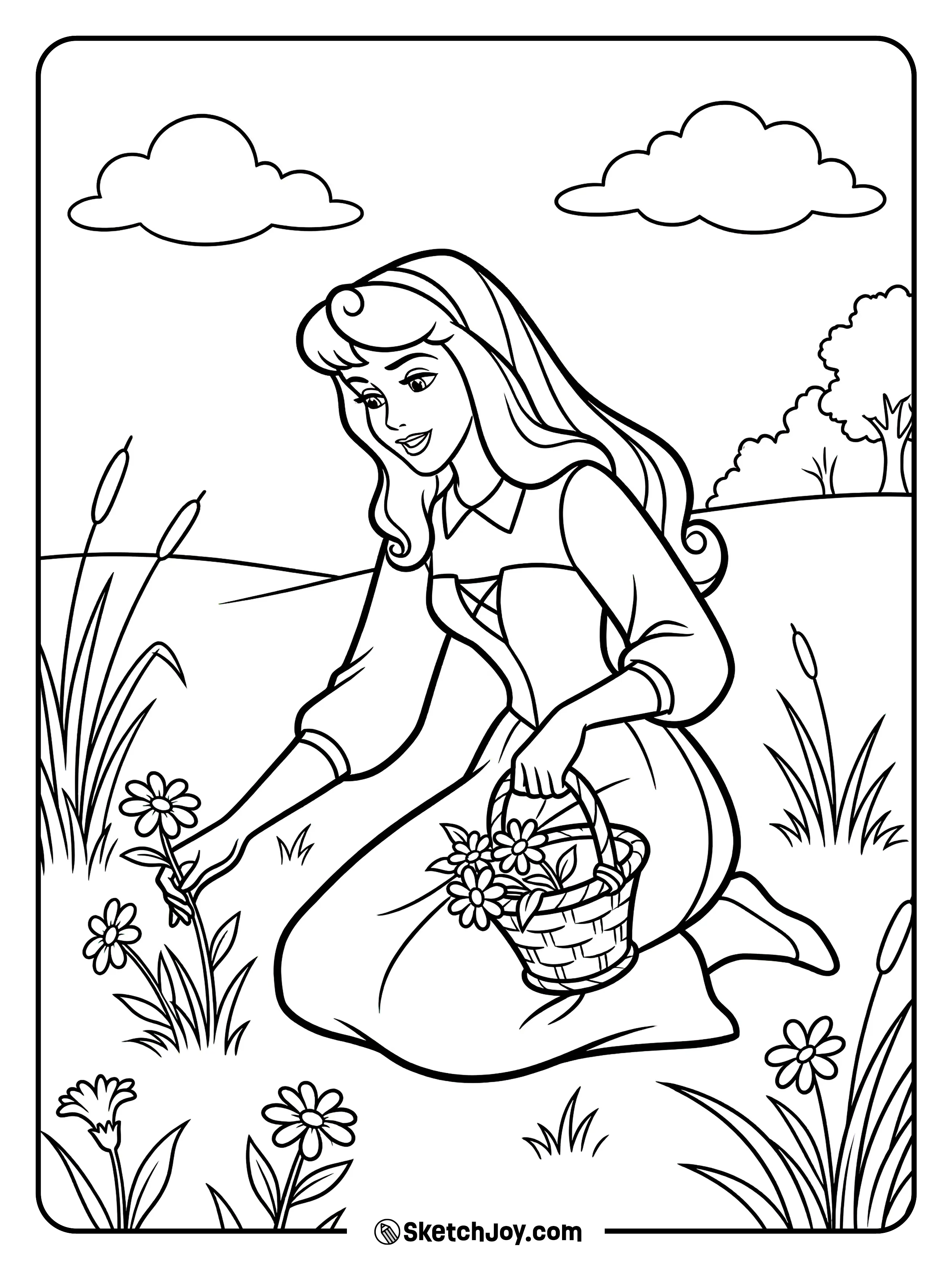 Aurora gathers wildflowers in a small basket.