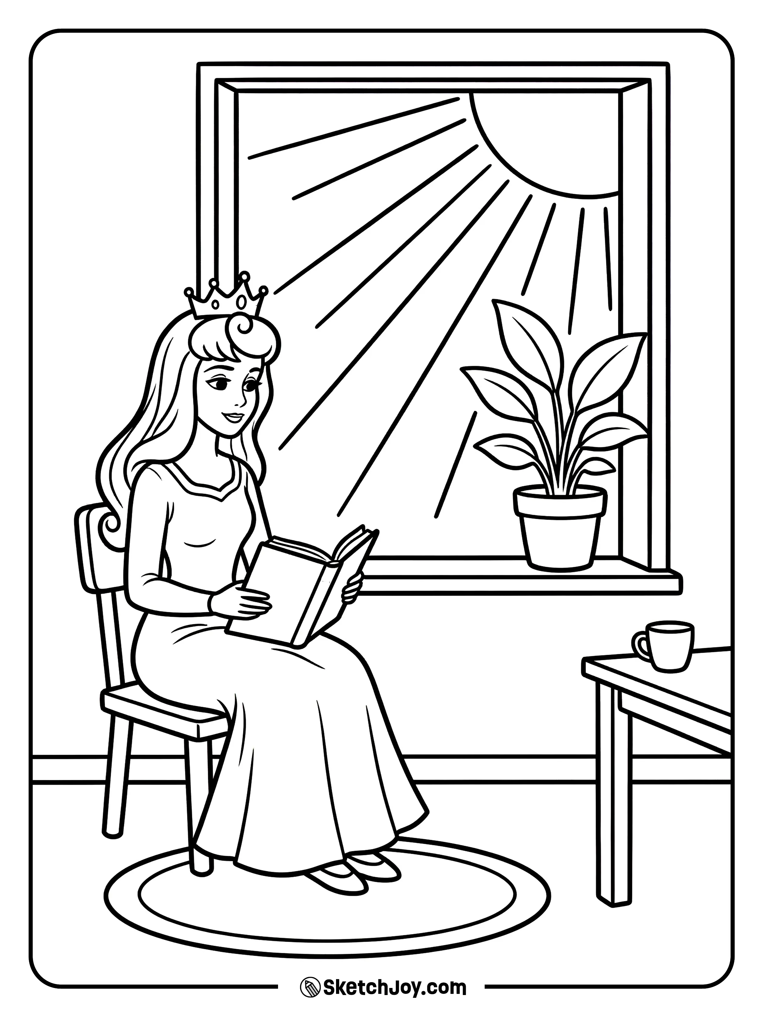 Aurora reads a book while sunlight comes through the window.