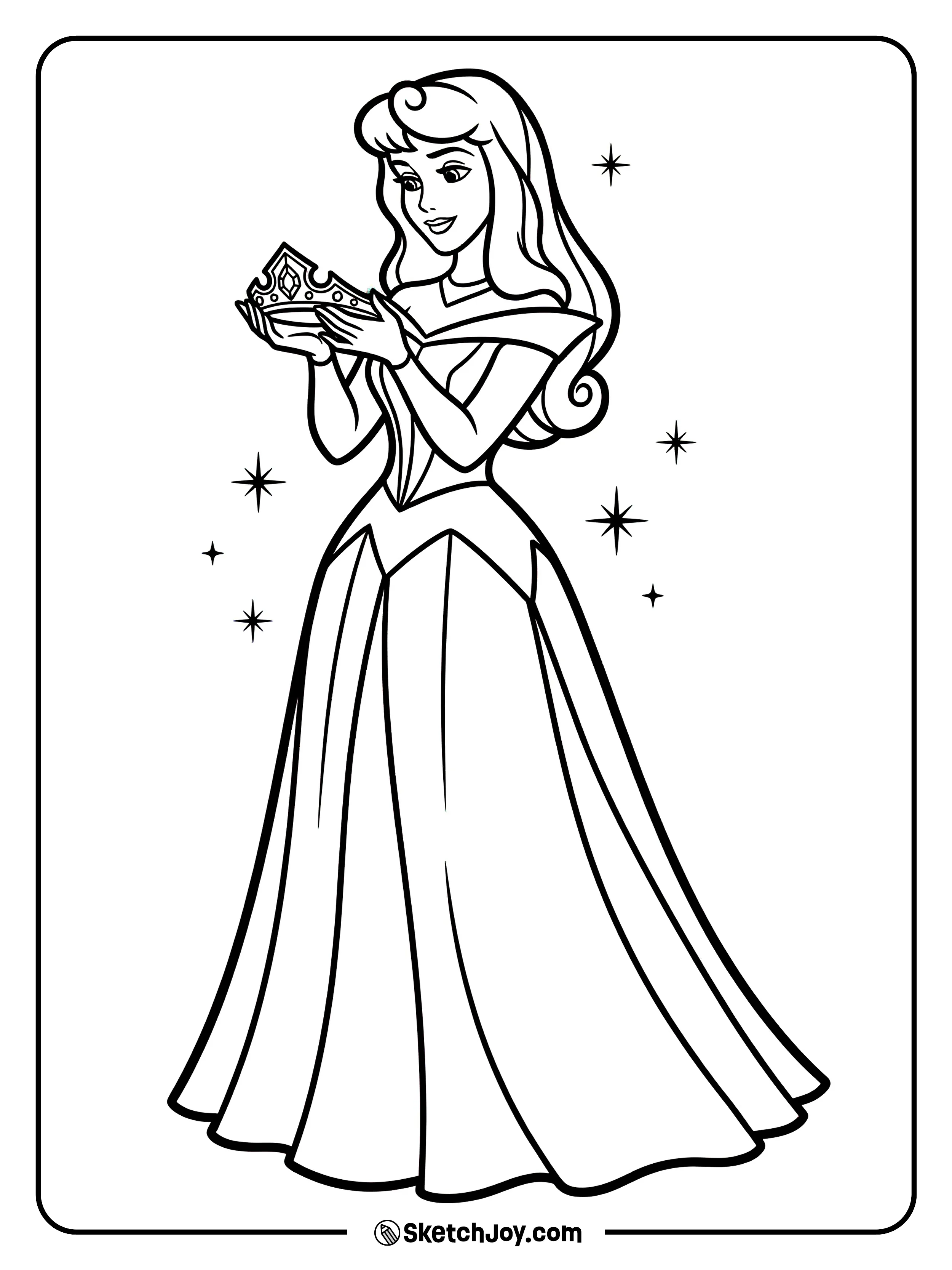 Aurora holds a crown close to her heart and smiles.