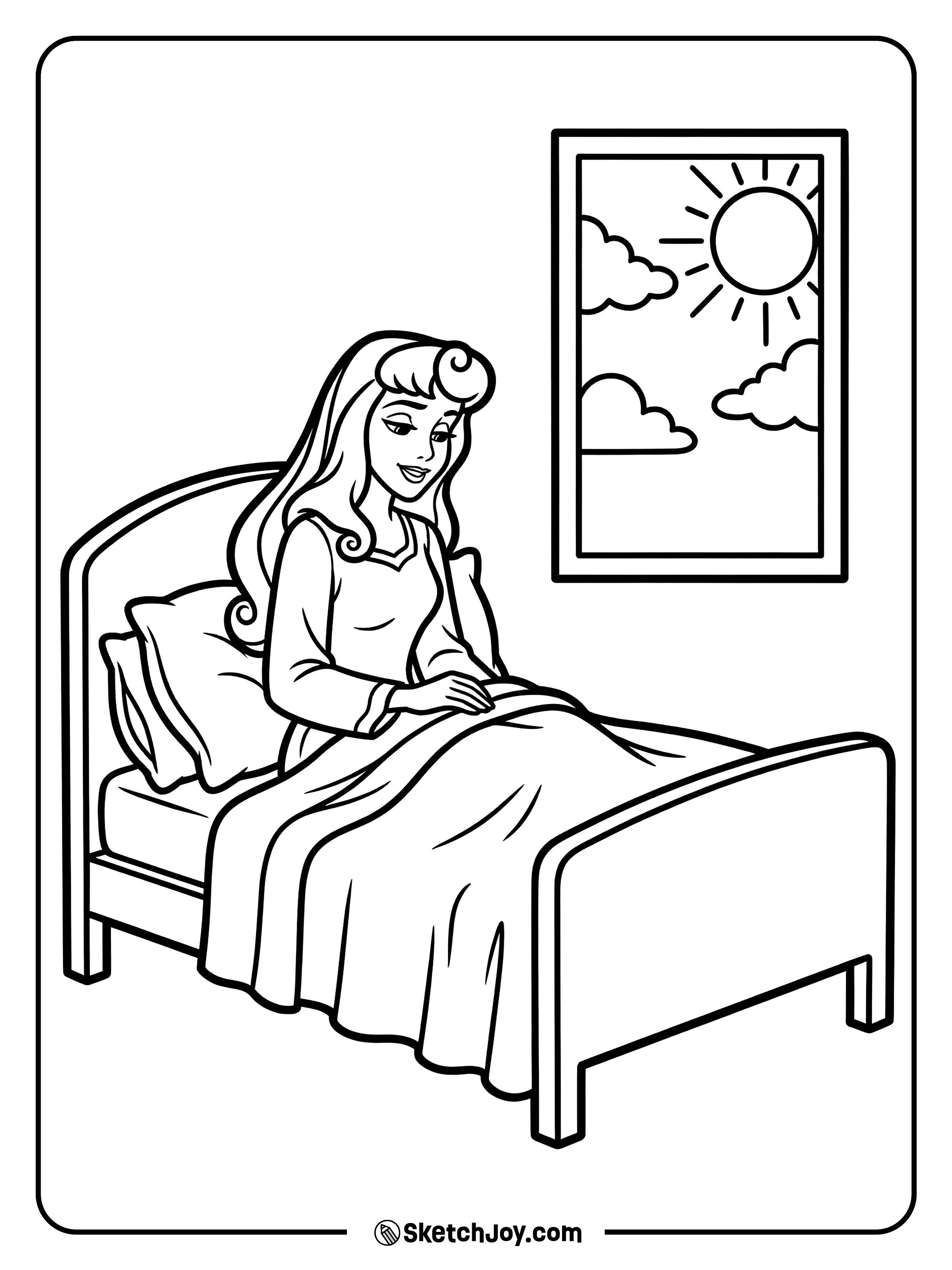 Aurora sits up in bed and smiles softly.