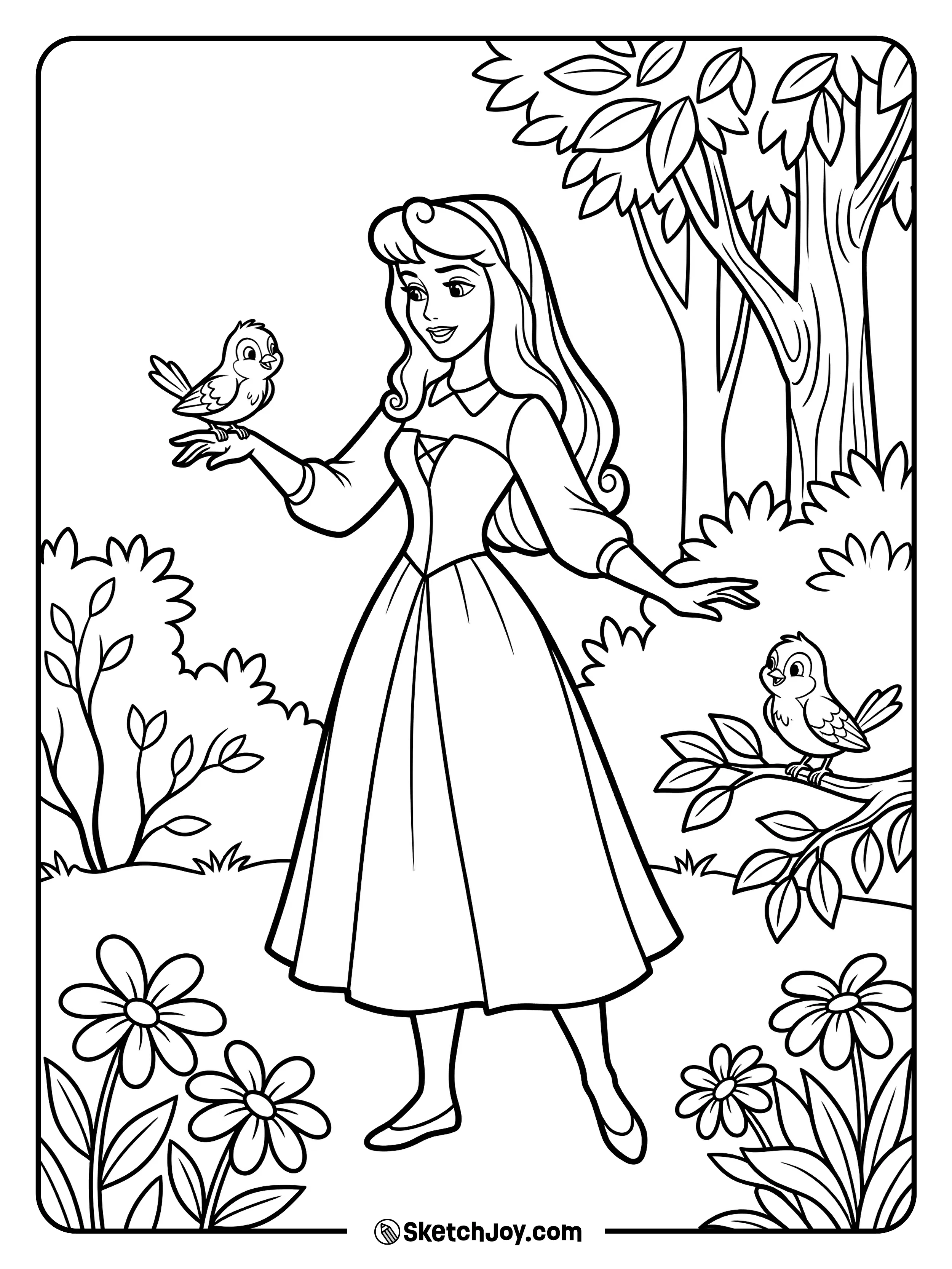 Aurora holds out her hands as bluebirds perch near her.