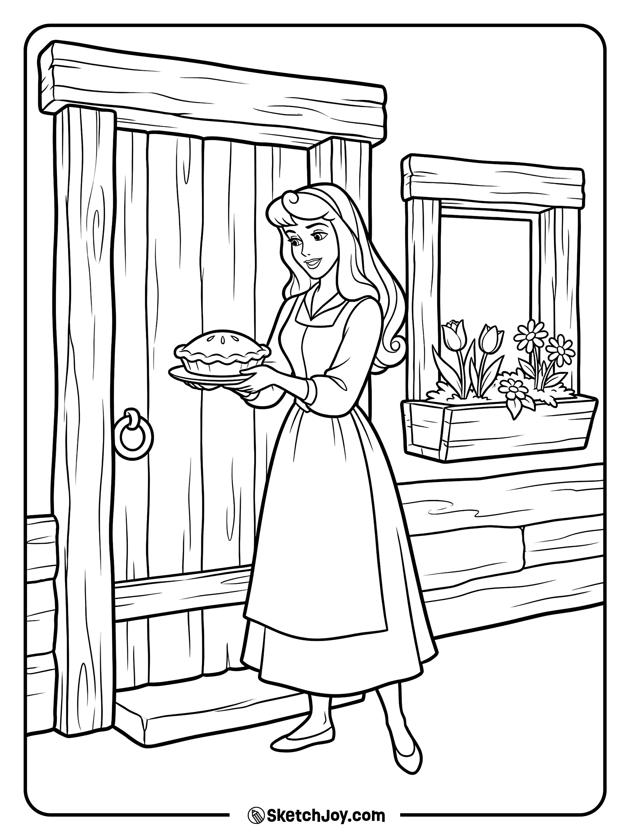 Aurora stands at the cottage door holding a small pie.