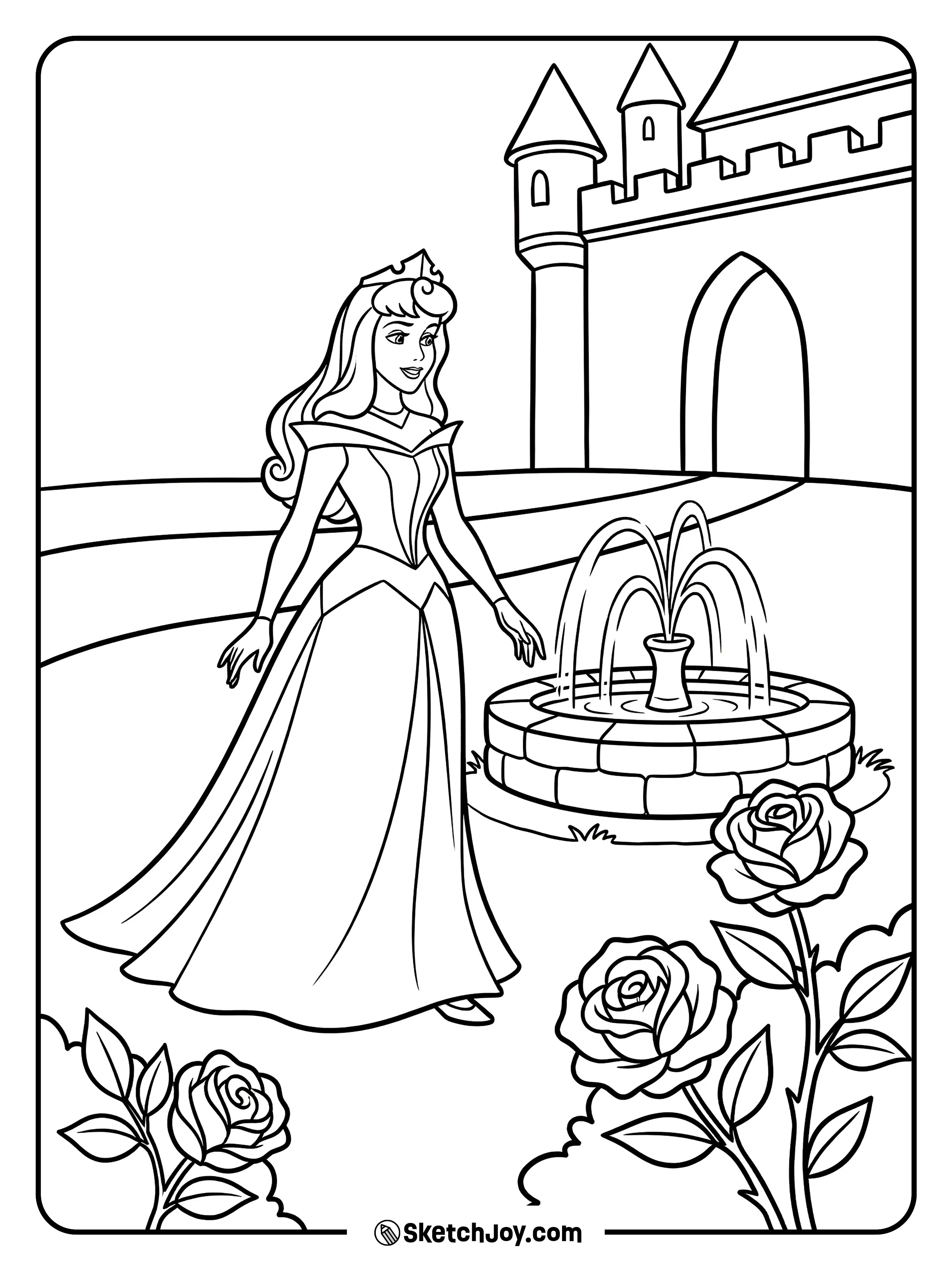 Aurora walks near roses and a small fountain.