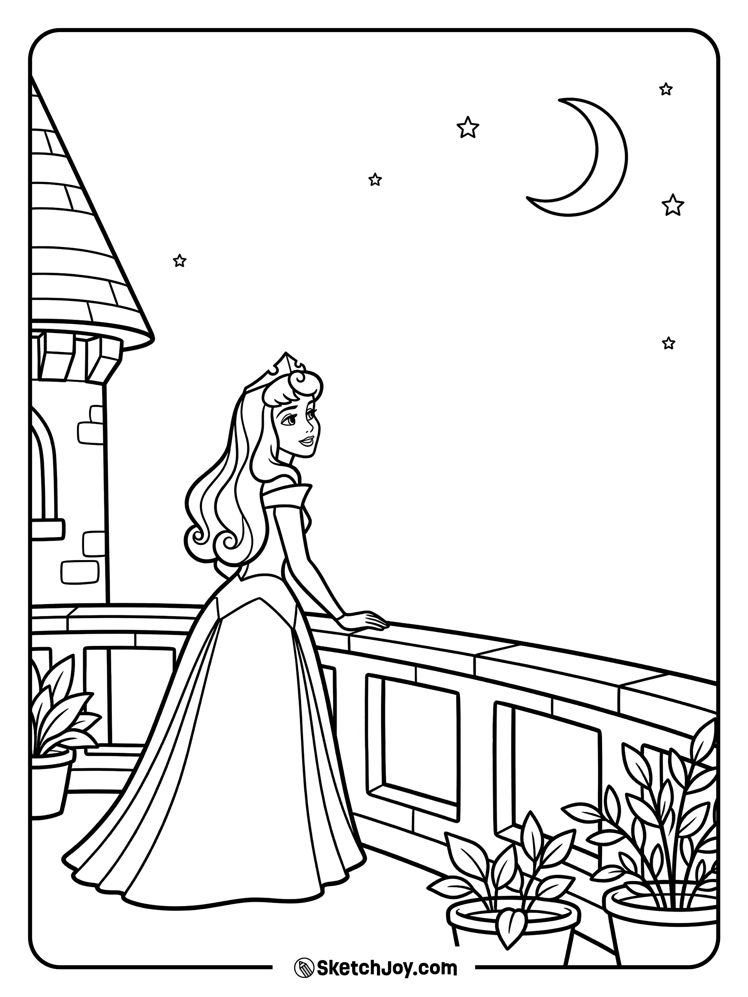 Aurora leans on a balcony railing and looks at the sky.