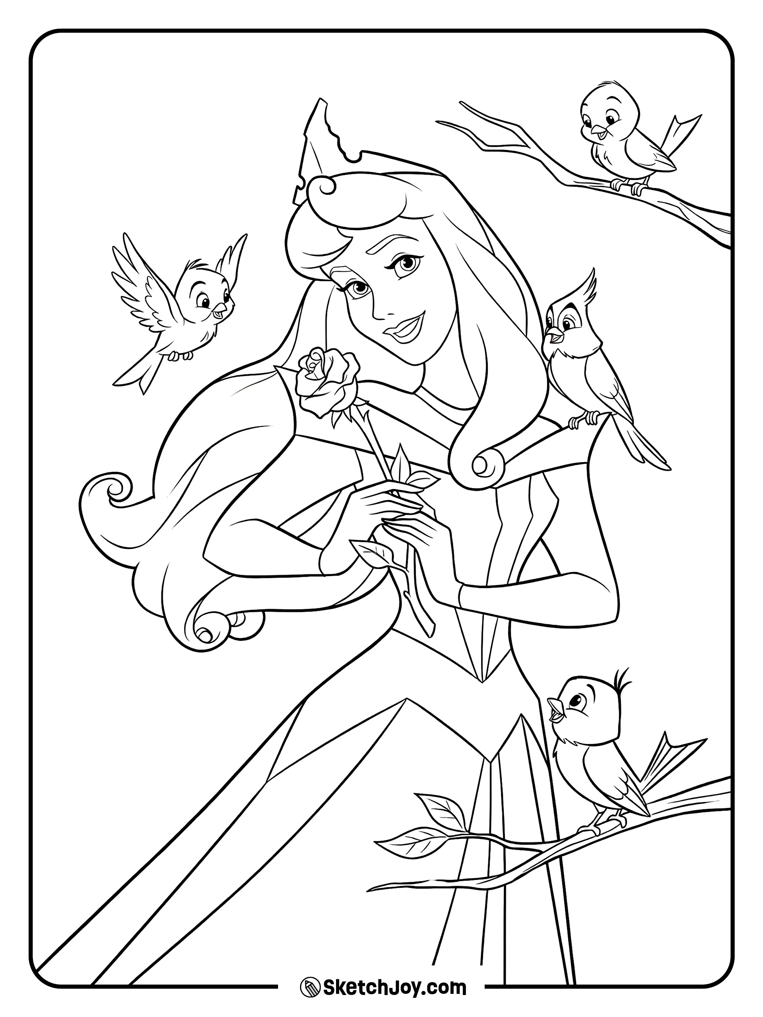 Aurora smiles while holding a rose as sweet little birds sit and fly around her.