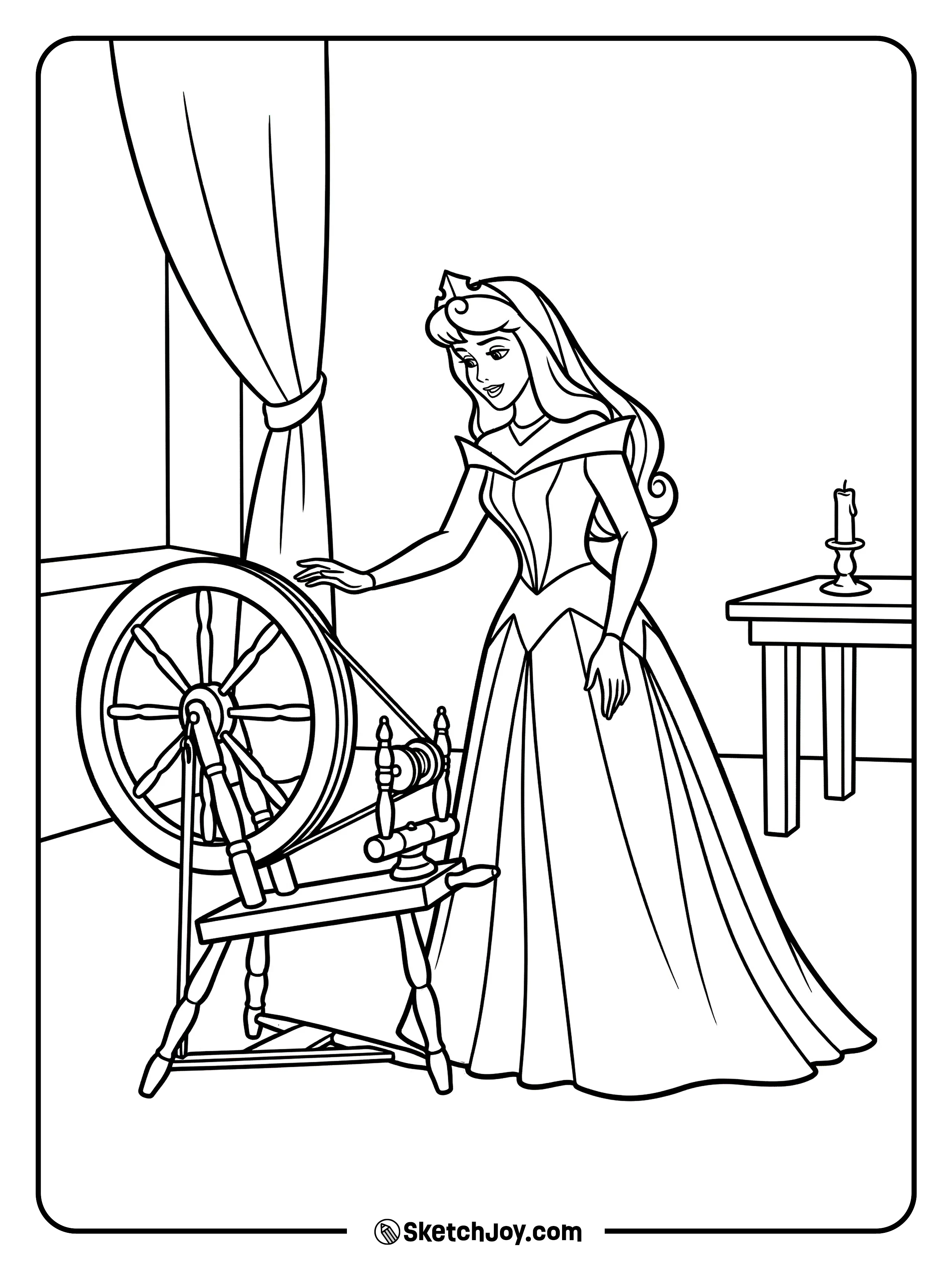Aurora reaches toward a spinning wheel in a quiet room.