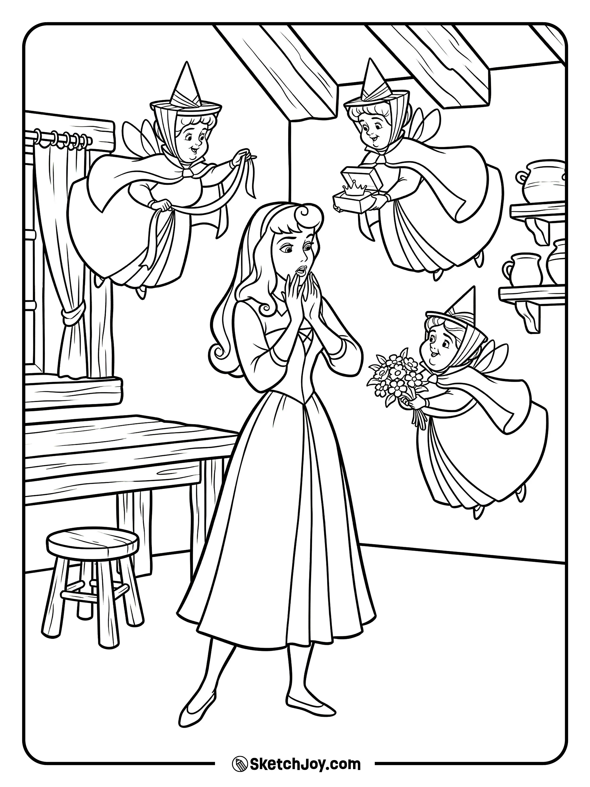 Aurora looks surprised as the fairies bring gifts.