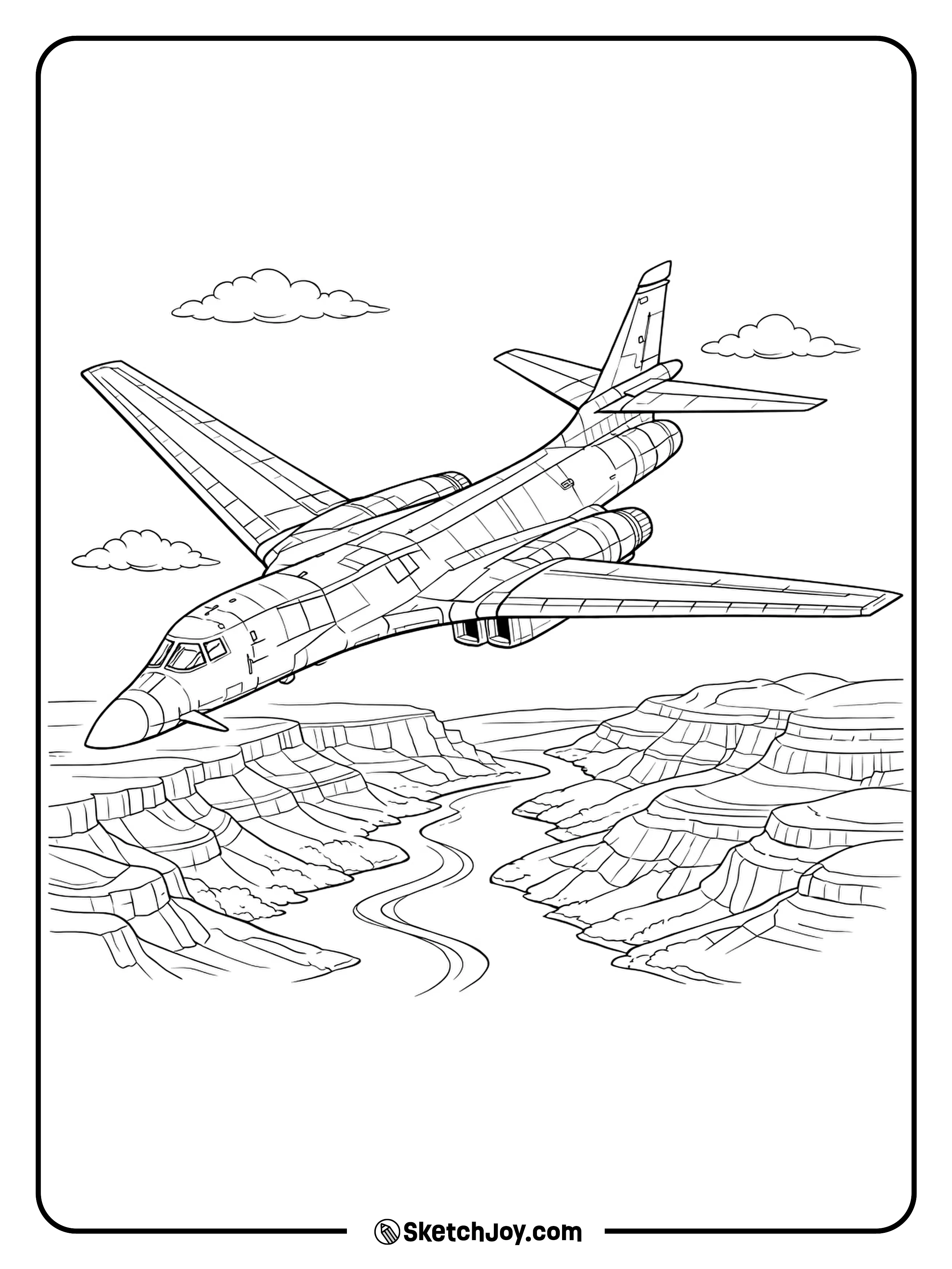 A B-1B flies above a canyon with simple rock layers.