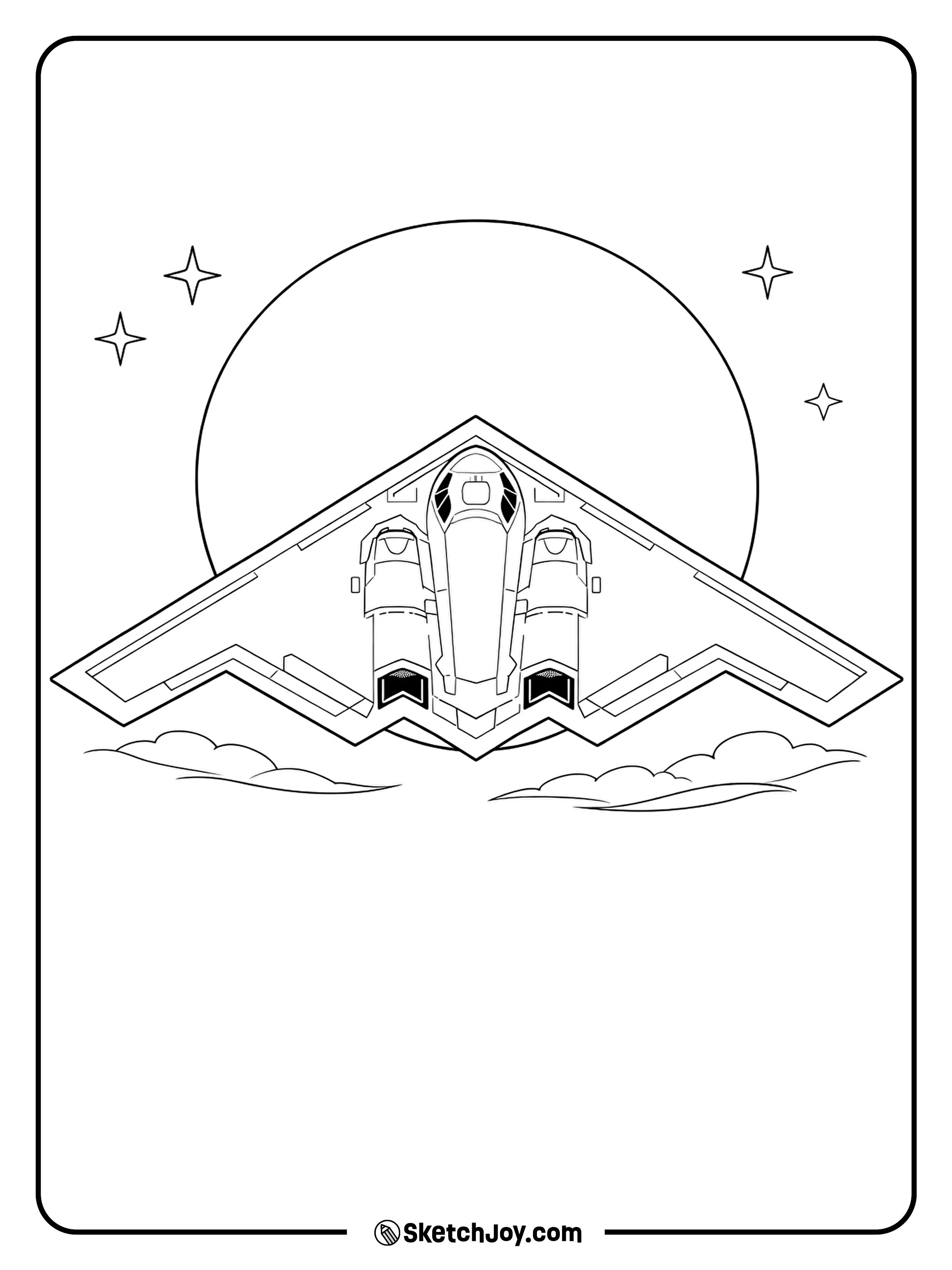 A B-2 flies in a night sky with a big moon and stars.