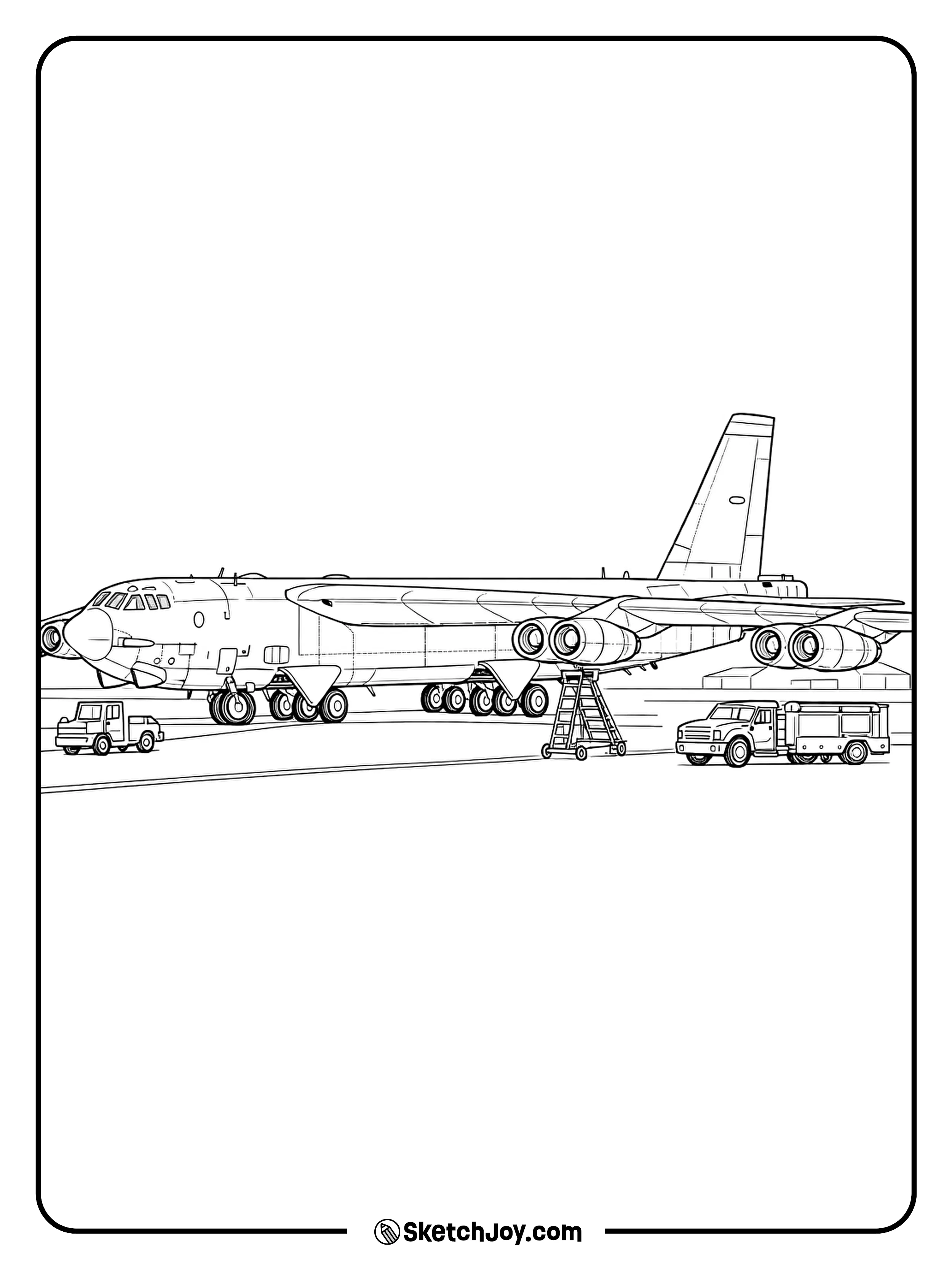 A B-52 sits on the tarmac with simple support trucks nearby.