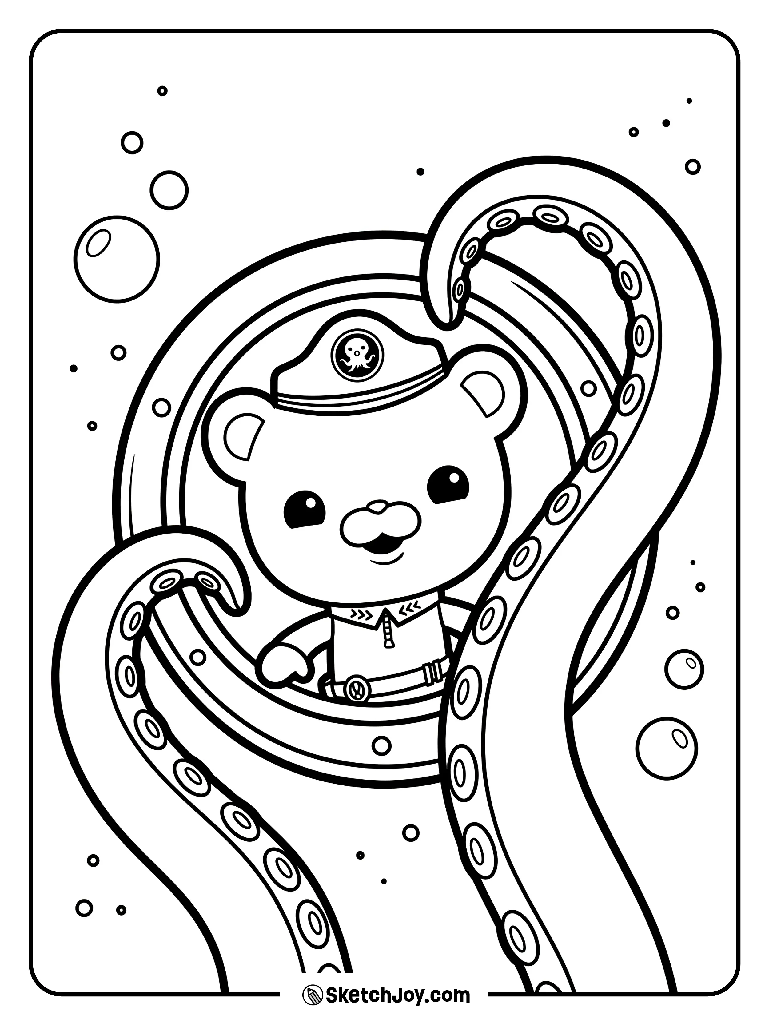 Captain Barnacles looks out as giant squid arms curl around the GUP.