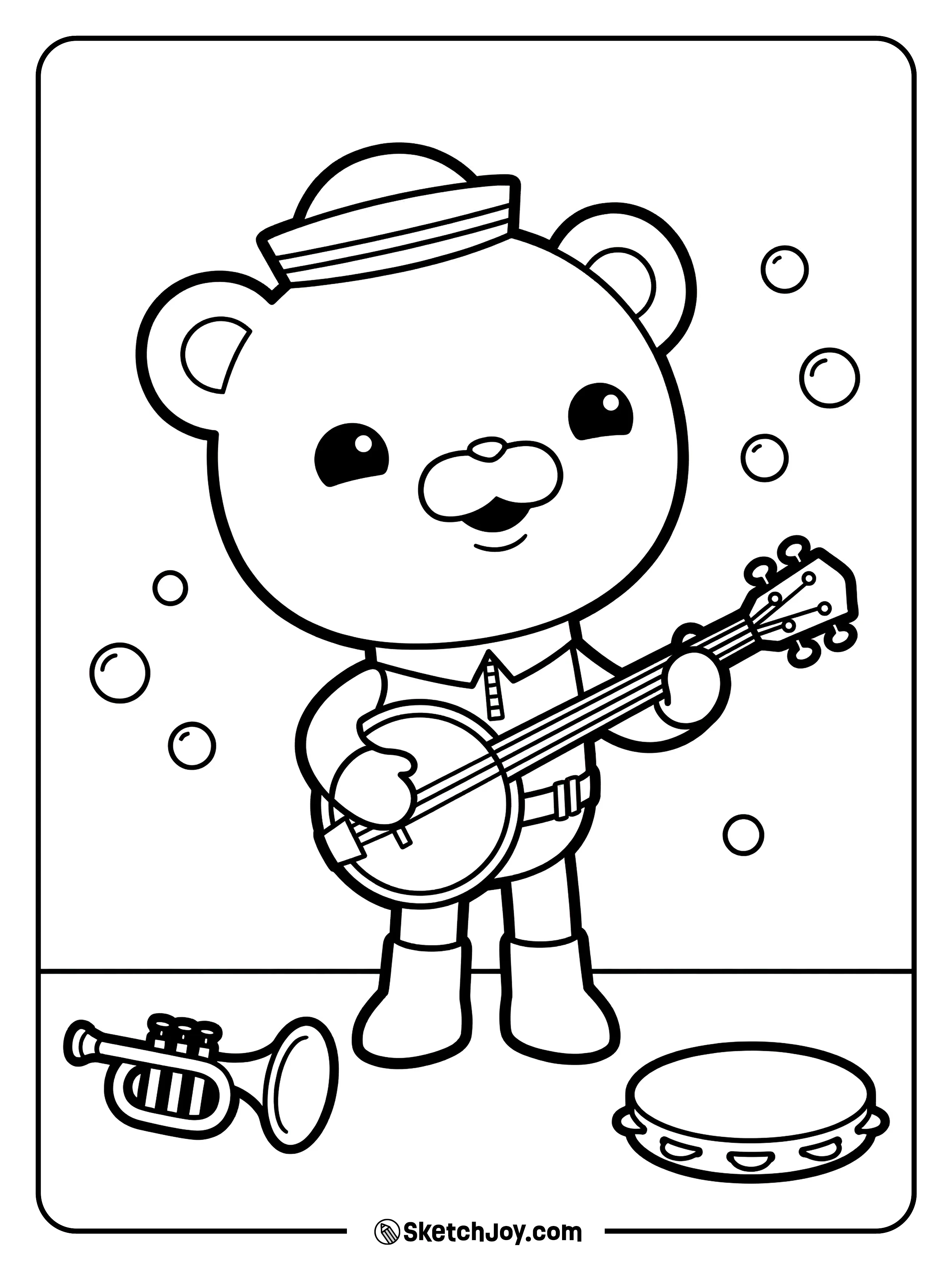 Captain Barnacles plays music with simple instruments.