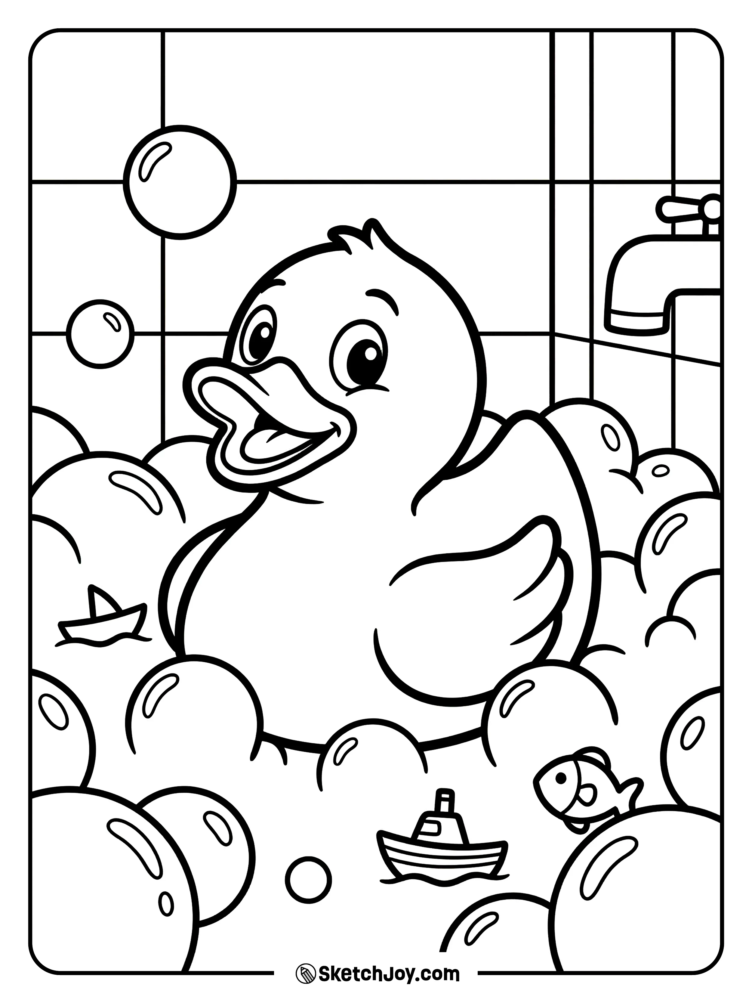 A rubber duck splashing in bubbly bath water.