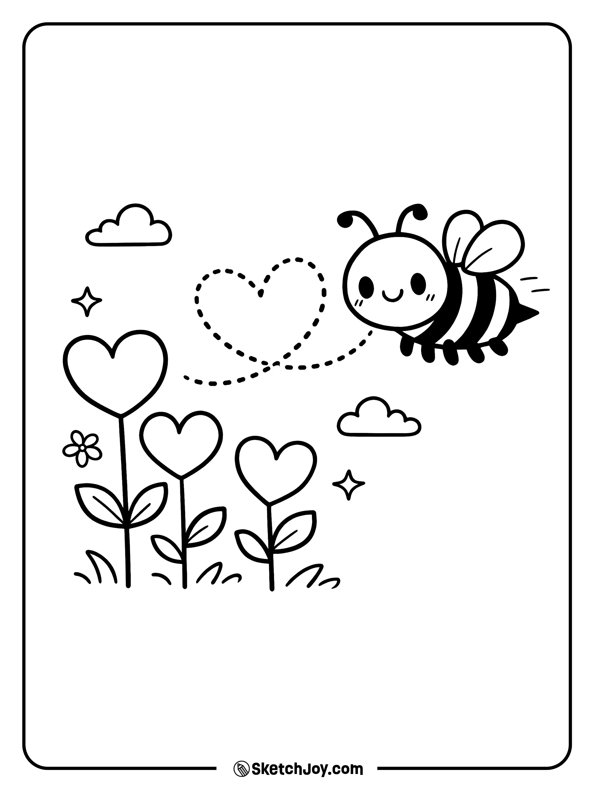 A bee zooms around heart-shaped flowers.