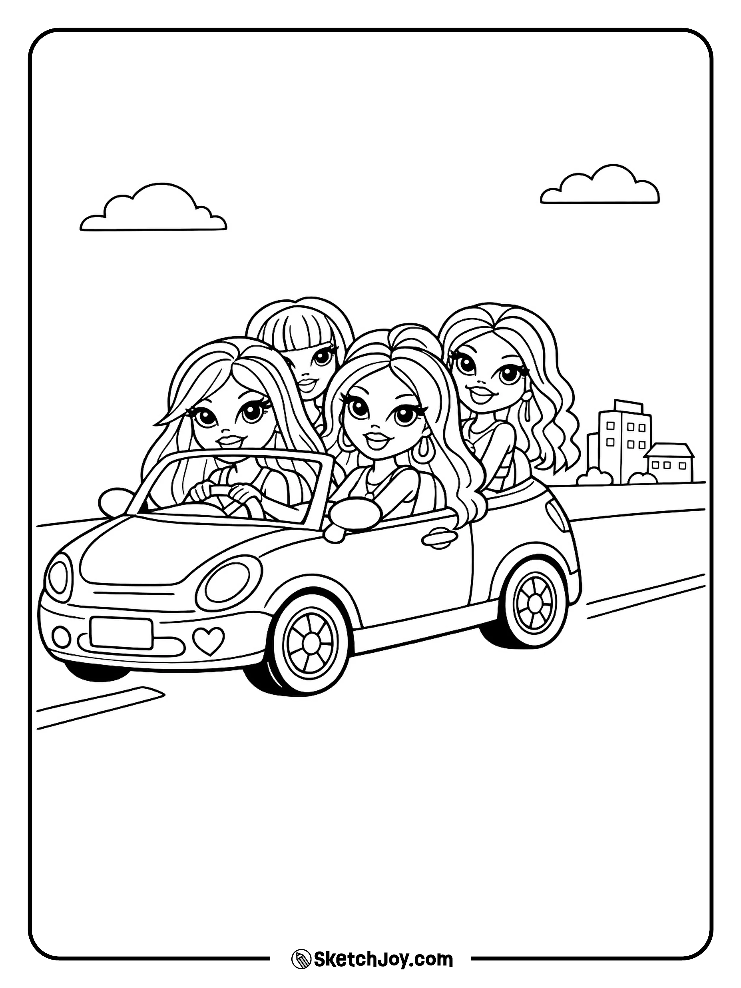 The girls ride in a small car with a simple road and a tiny city sign.