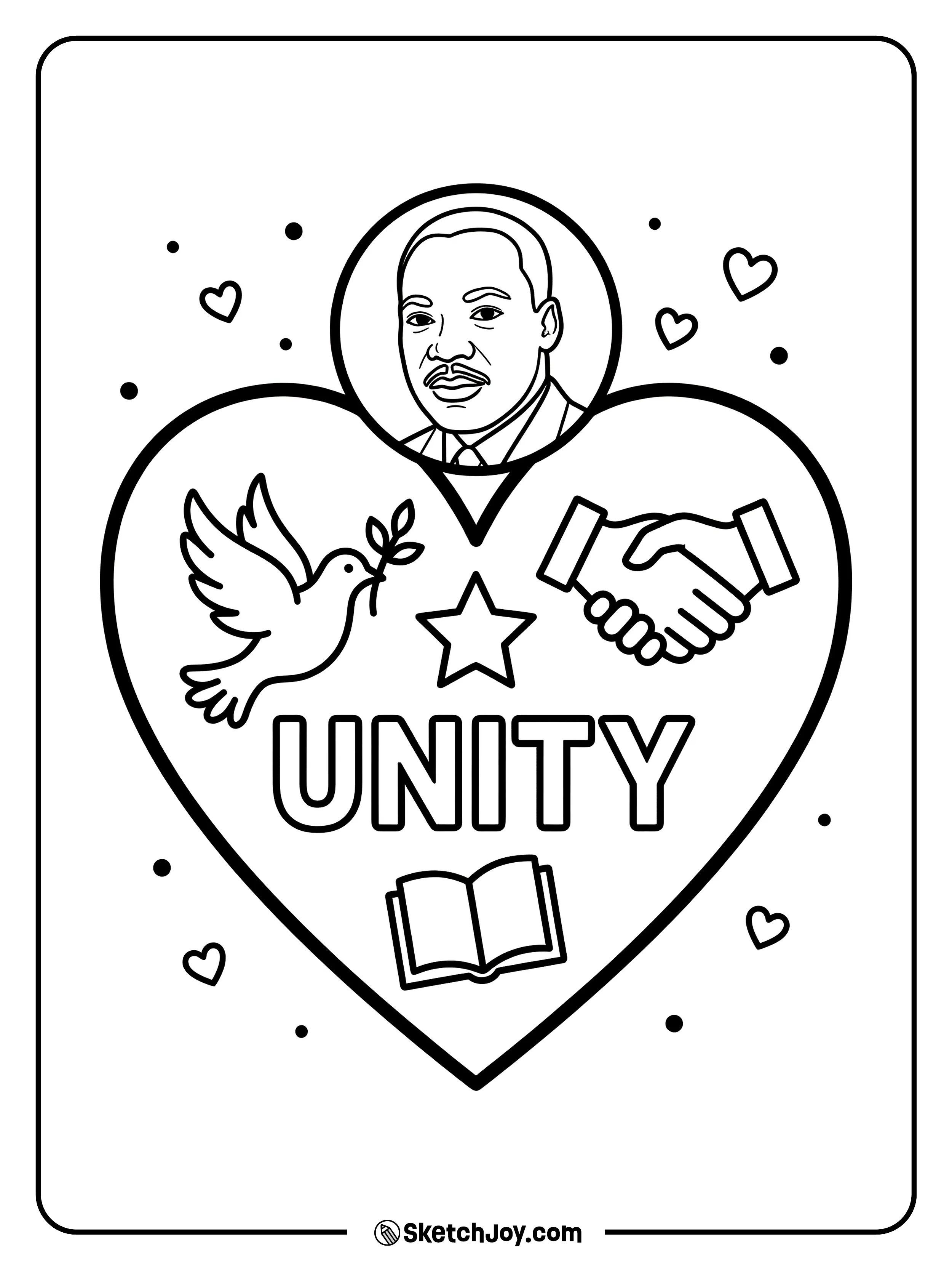 A large heart is filled with simple symbols and the word “UNITY.”