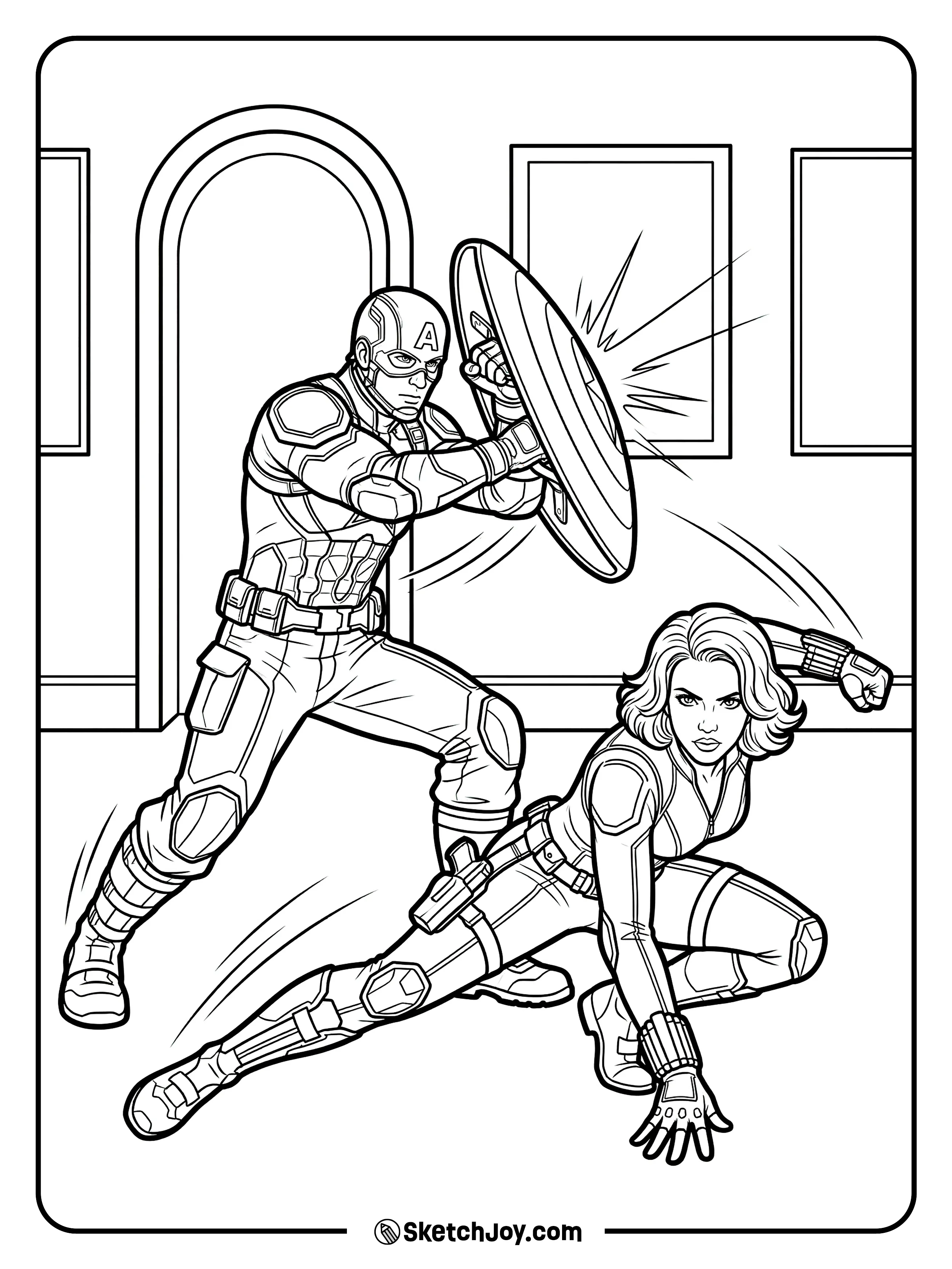 Black Widow flips in as Captain America blocks the attack.