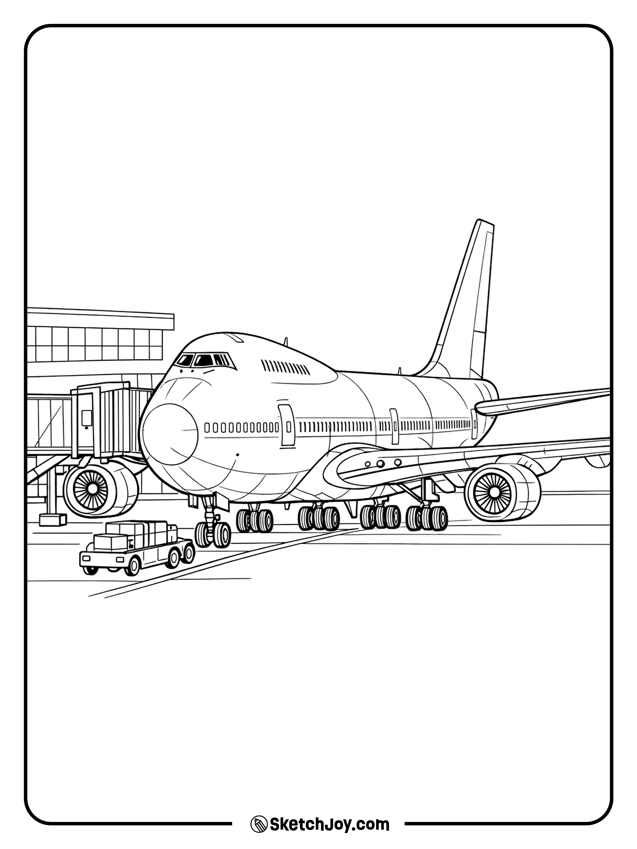 A Boeing 747 parks by a terminal with simple windows and stairs.