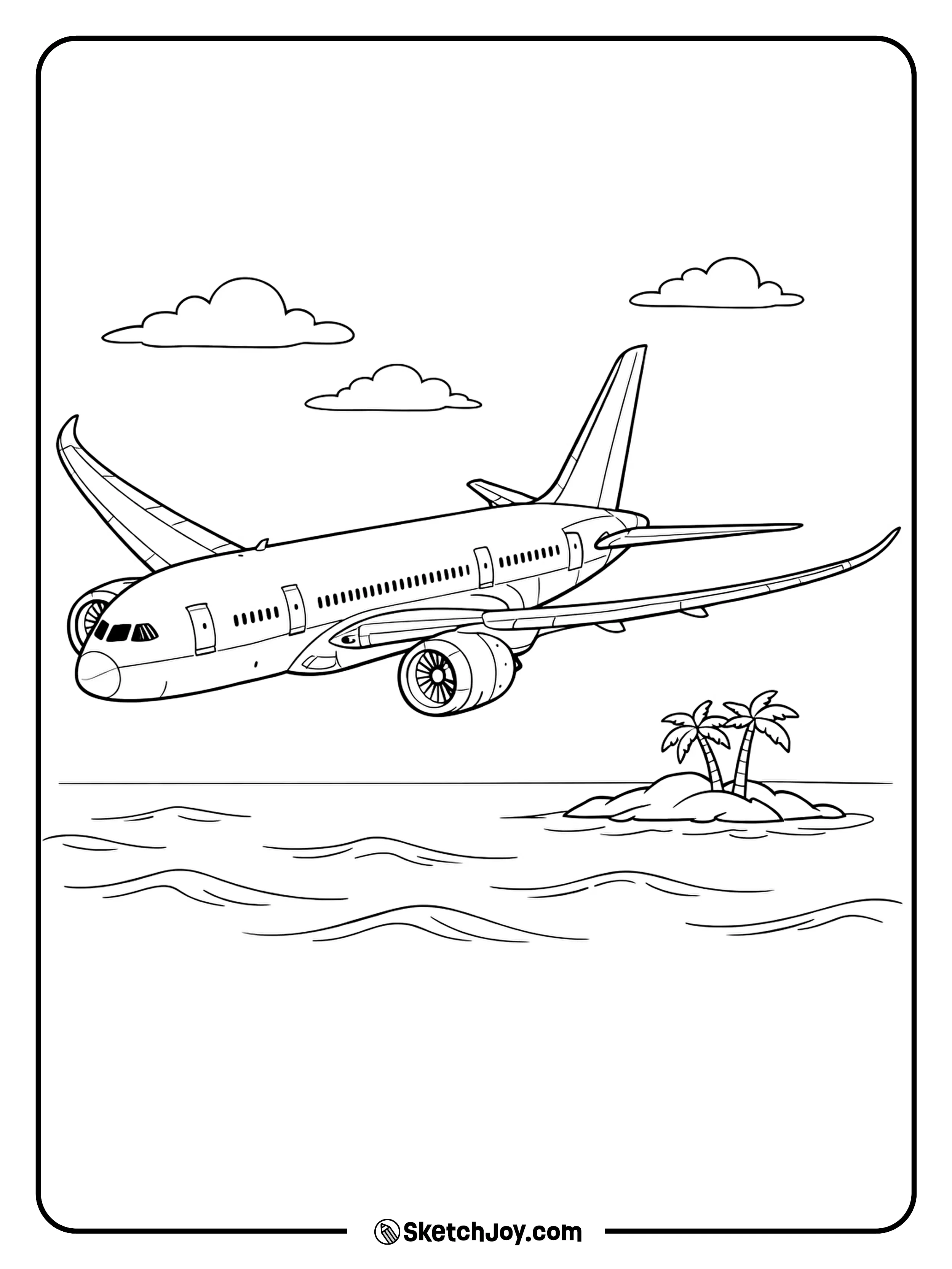 A Dreamliner flies over simple waves and a small island.