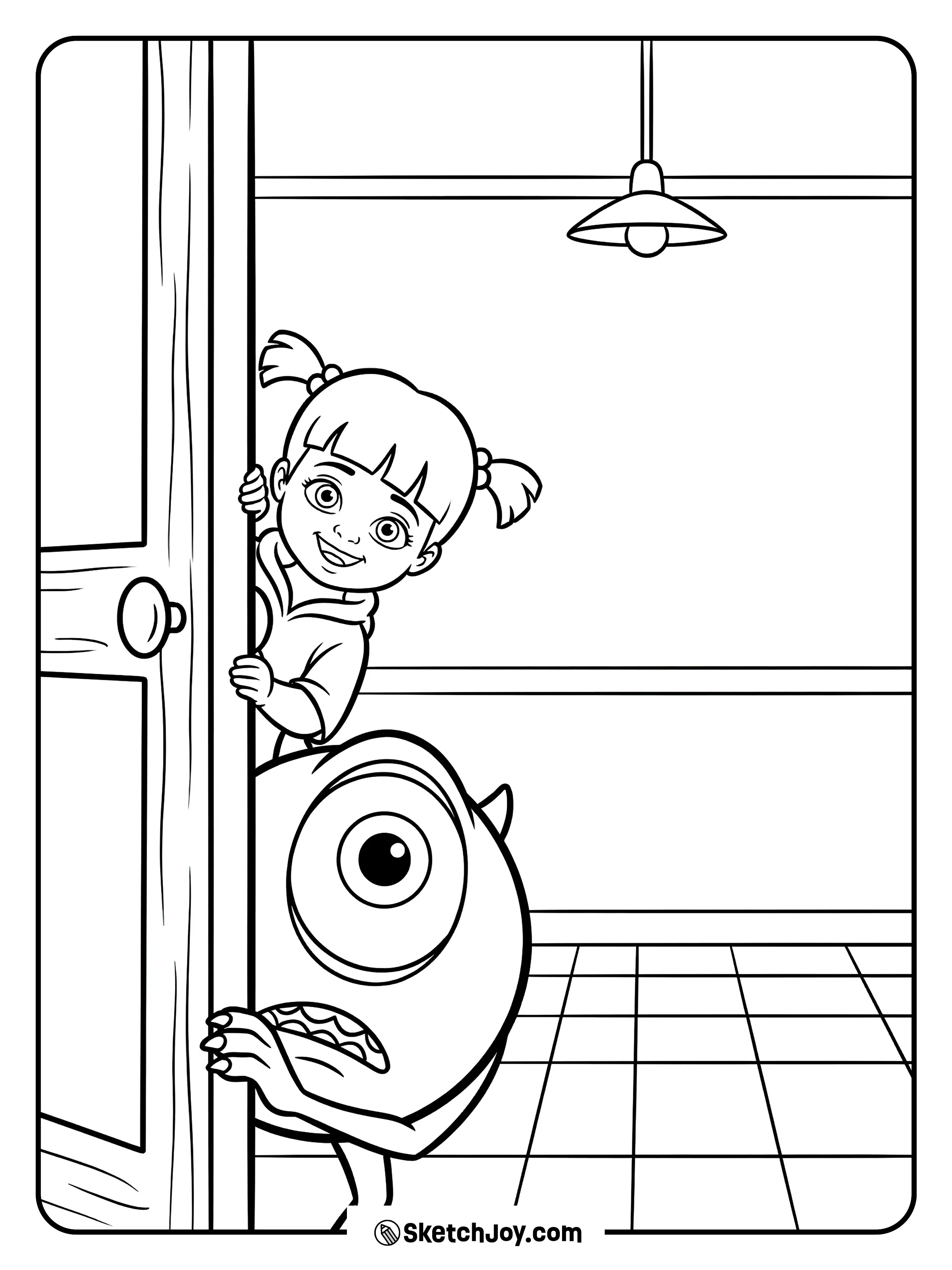 Boo peeks out while Mike hides behind a door edge.