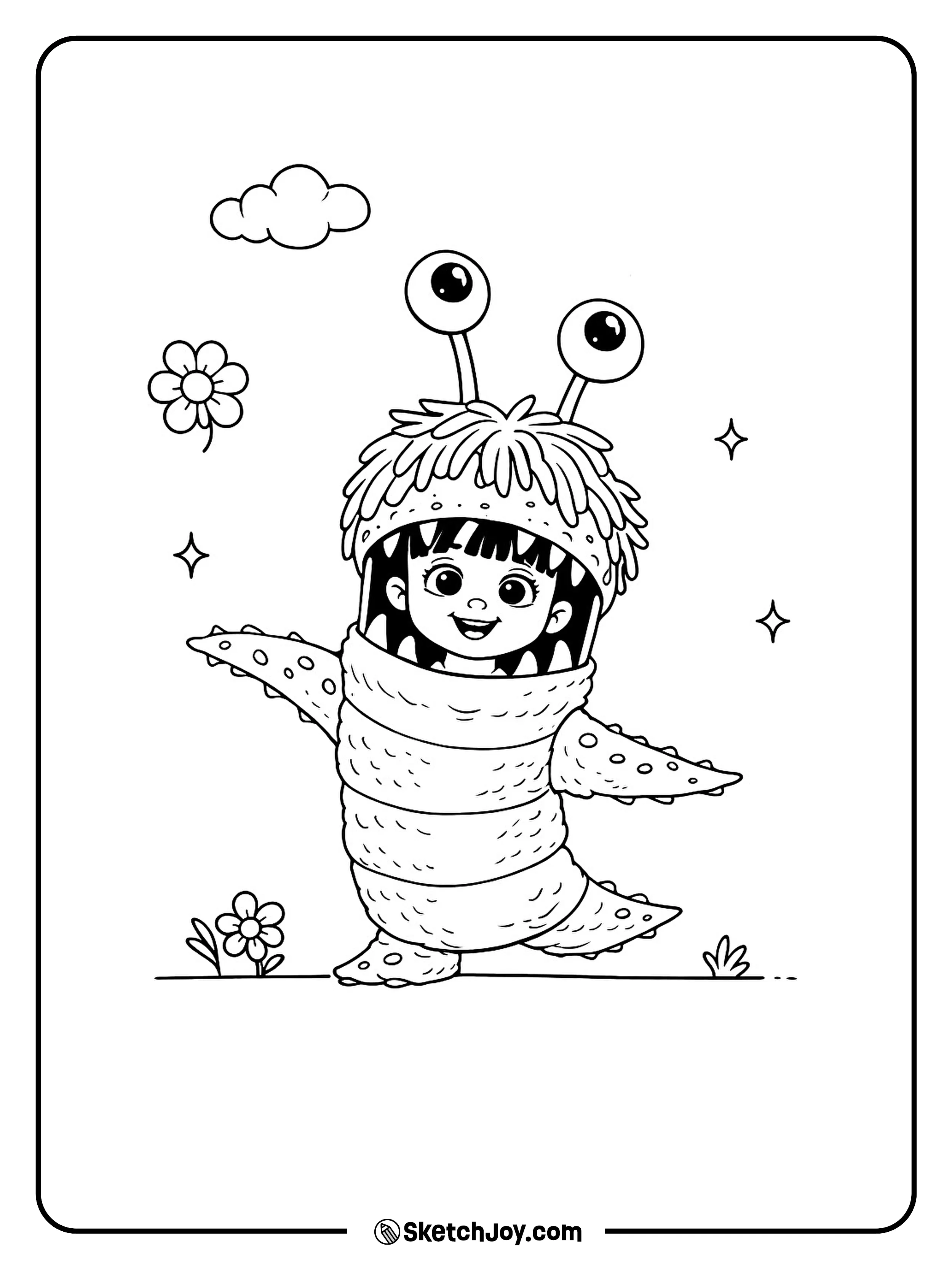 Boo waddles in her monster suit and looks super happy.