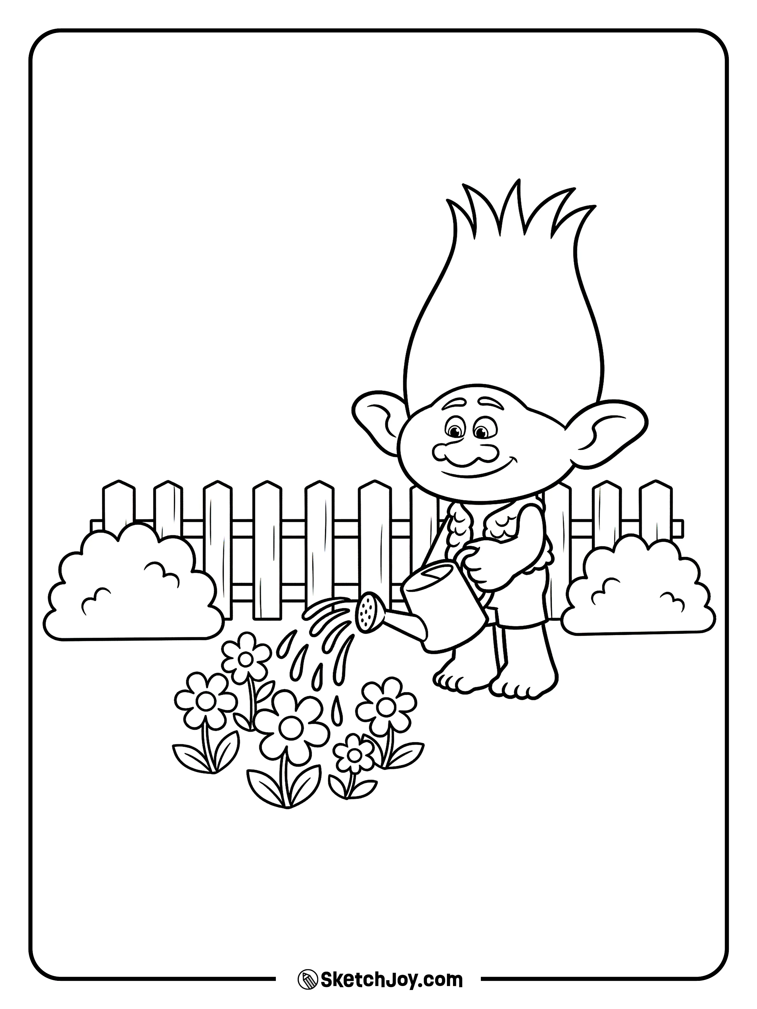 Branch waters flowers by a fence with a calm smile.