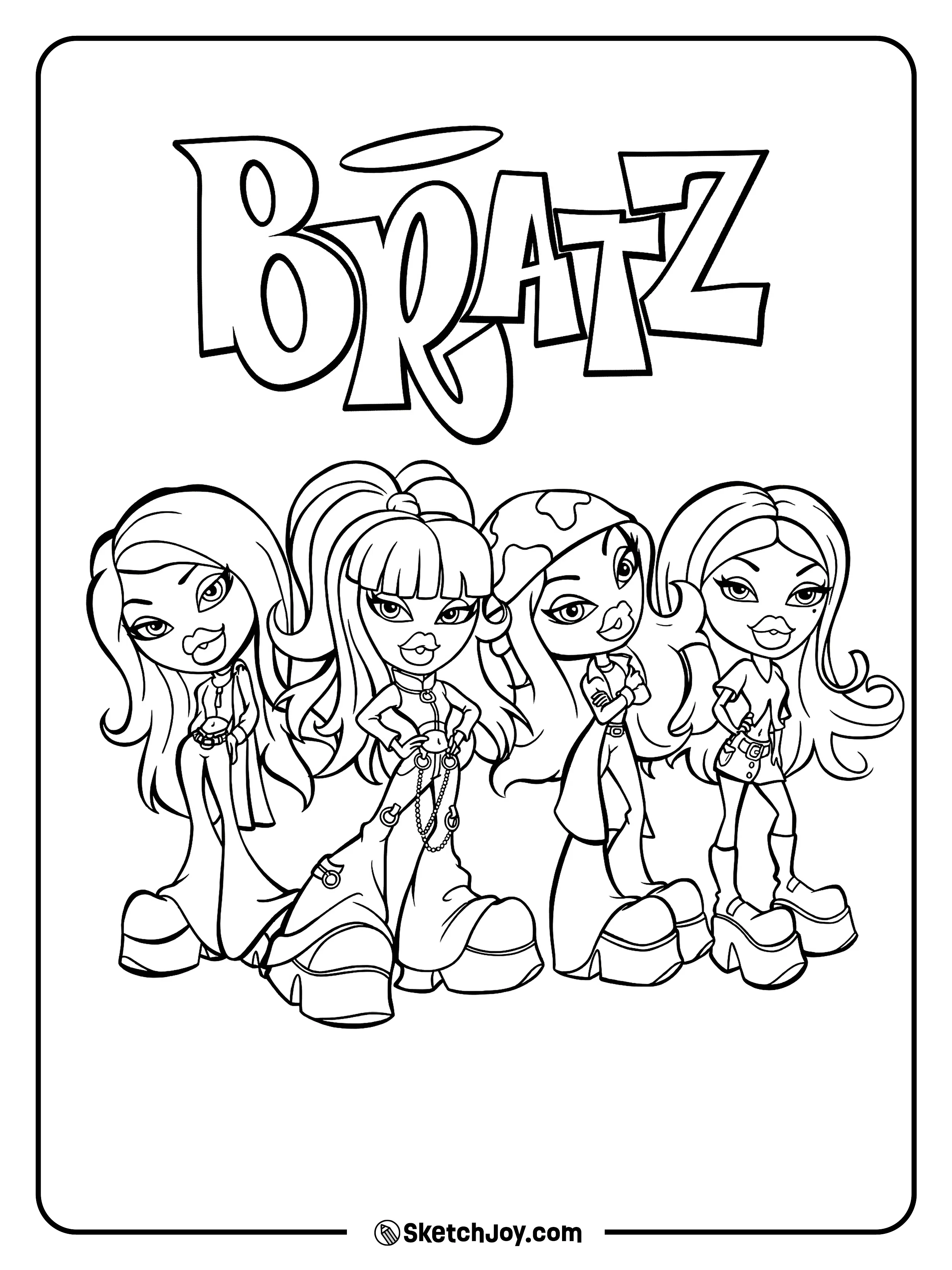 Four Bratz besties pose together under the Bratz logo.