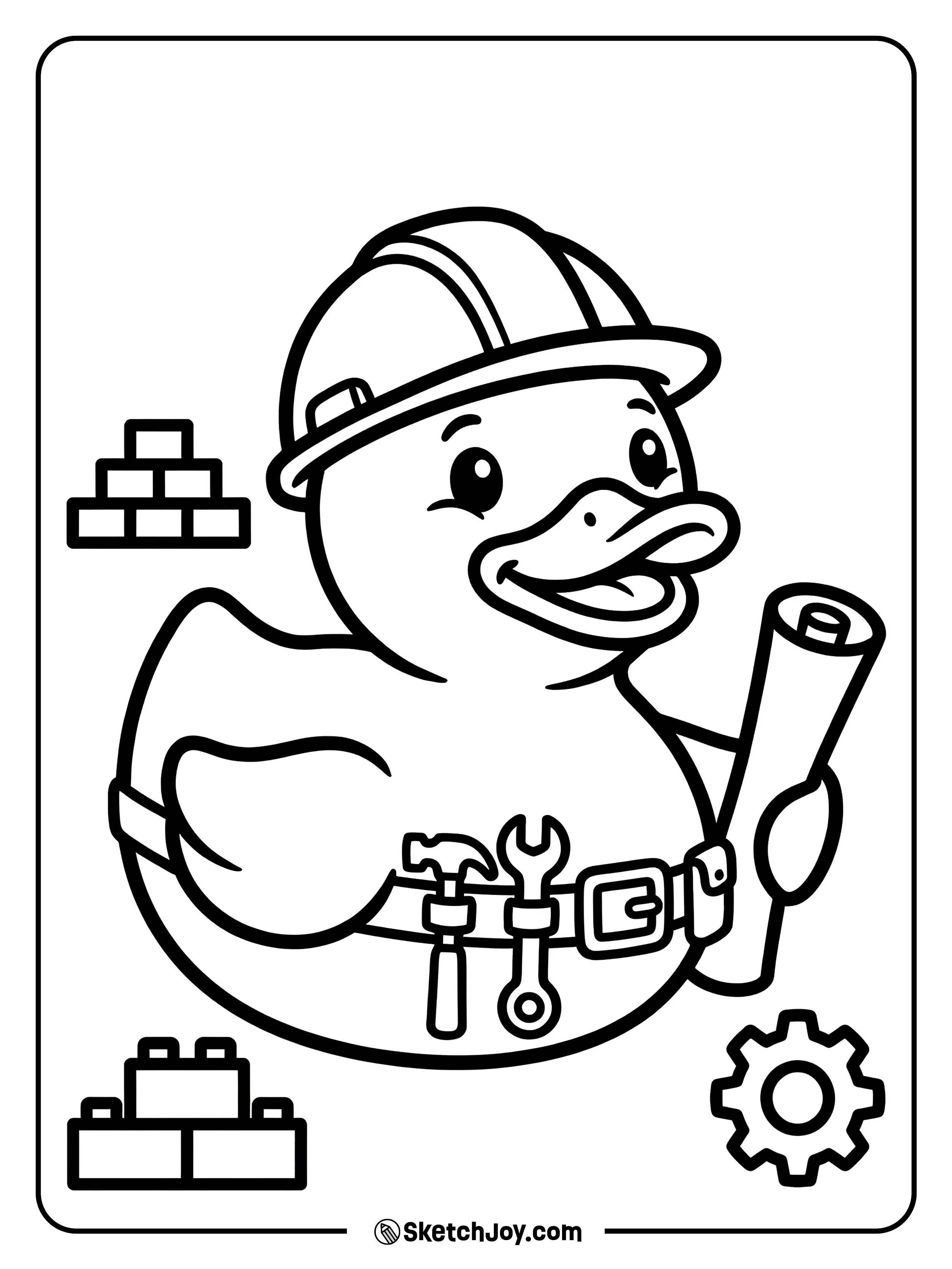 A rubber duck wearing a hard hat with tools.